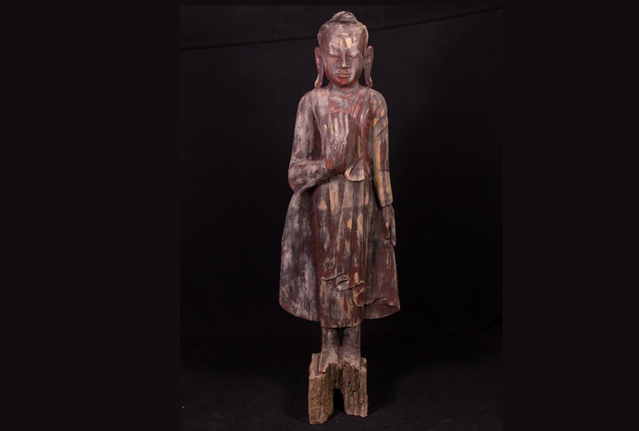 20th Century Early 20th century Old wooden Buddha statue from Burma For Sale