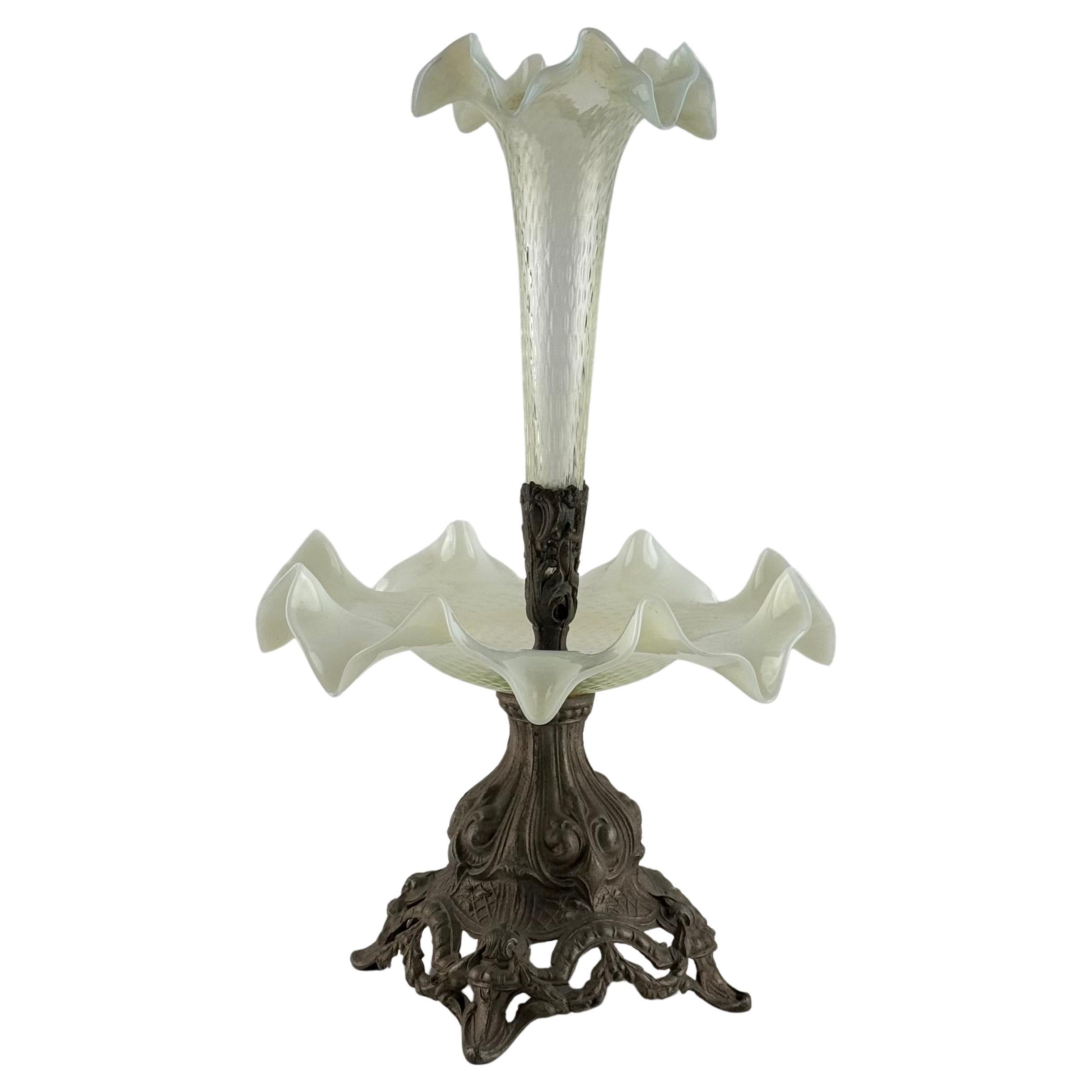 Early 20th-Century Opalescent Glass and Cast Metal Epergne/Compote, Art Nouveau