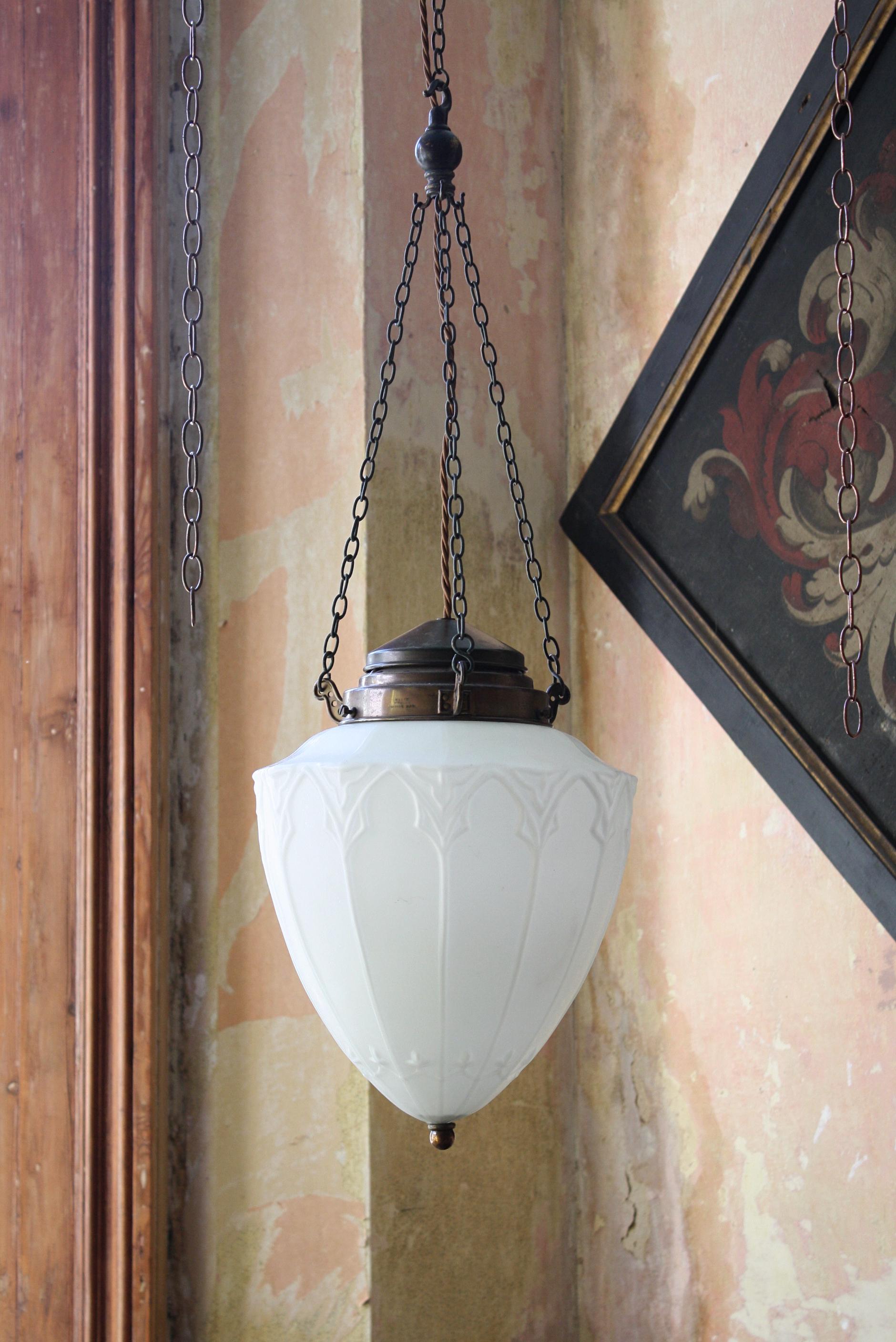 Early 20th Century Opaline & Copper Gothic Pendant Light Antique Lantern 7