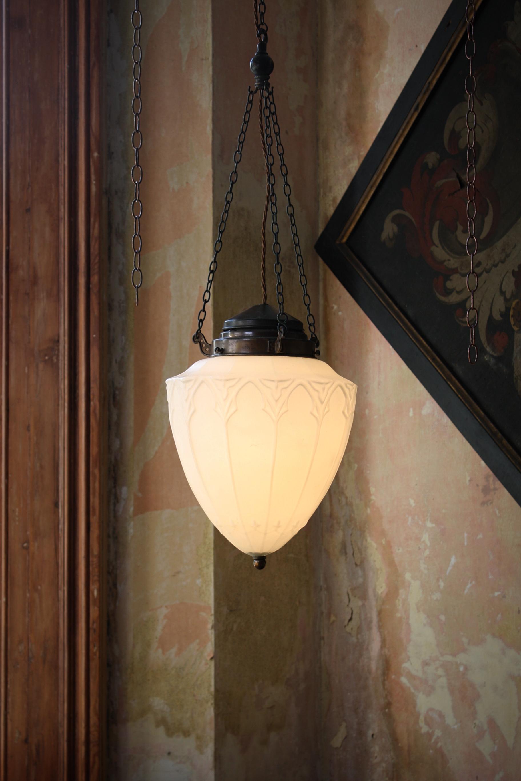Early 20th Century Opaline & Copper Gothic Pendant Light Antique Lantern In Good Condition In Lowestoft, GB