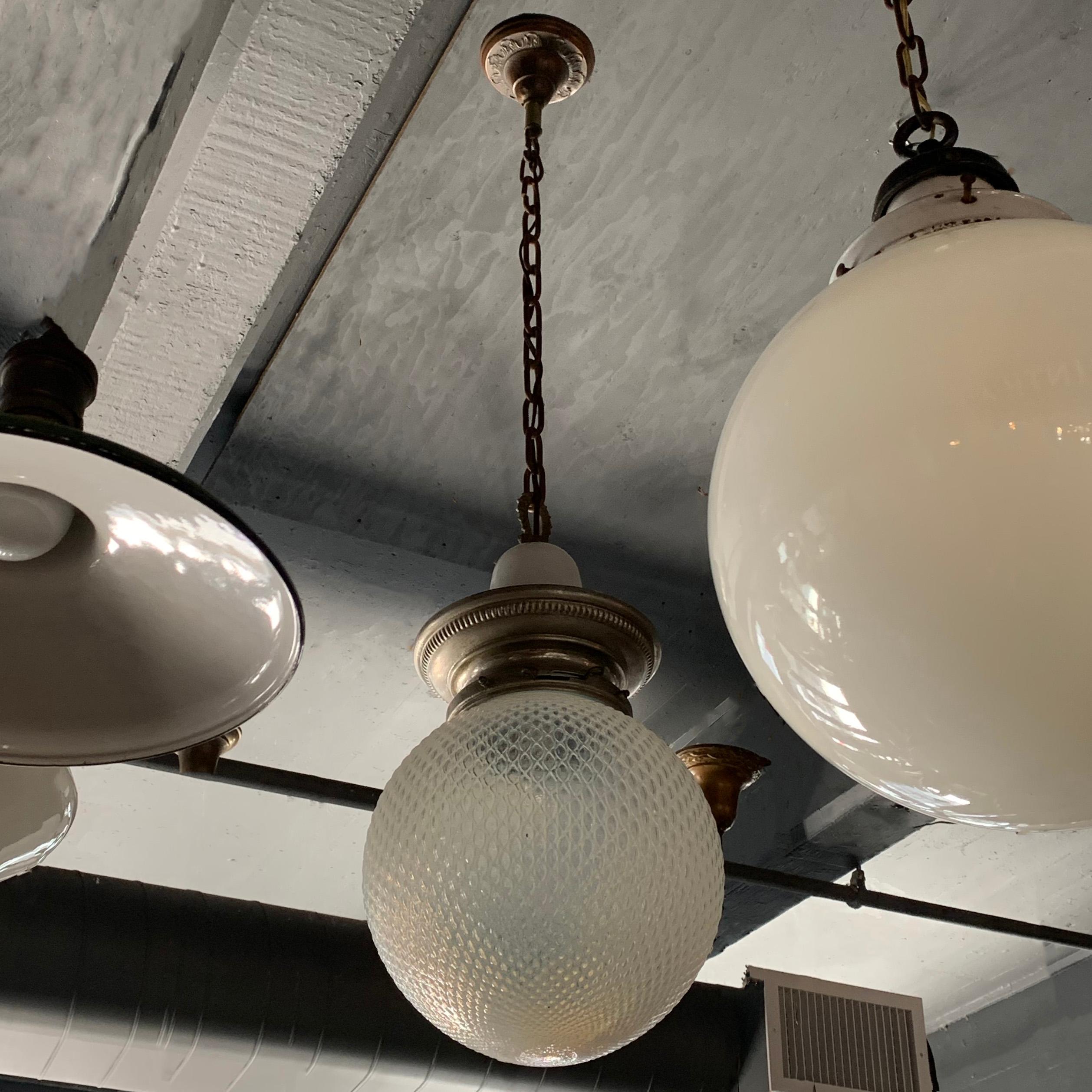Early 20th Century Opaline Glass Globe Library Pendant Light In Good Condition In Brooklyn, NY