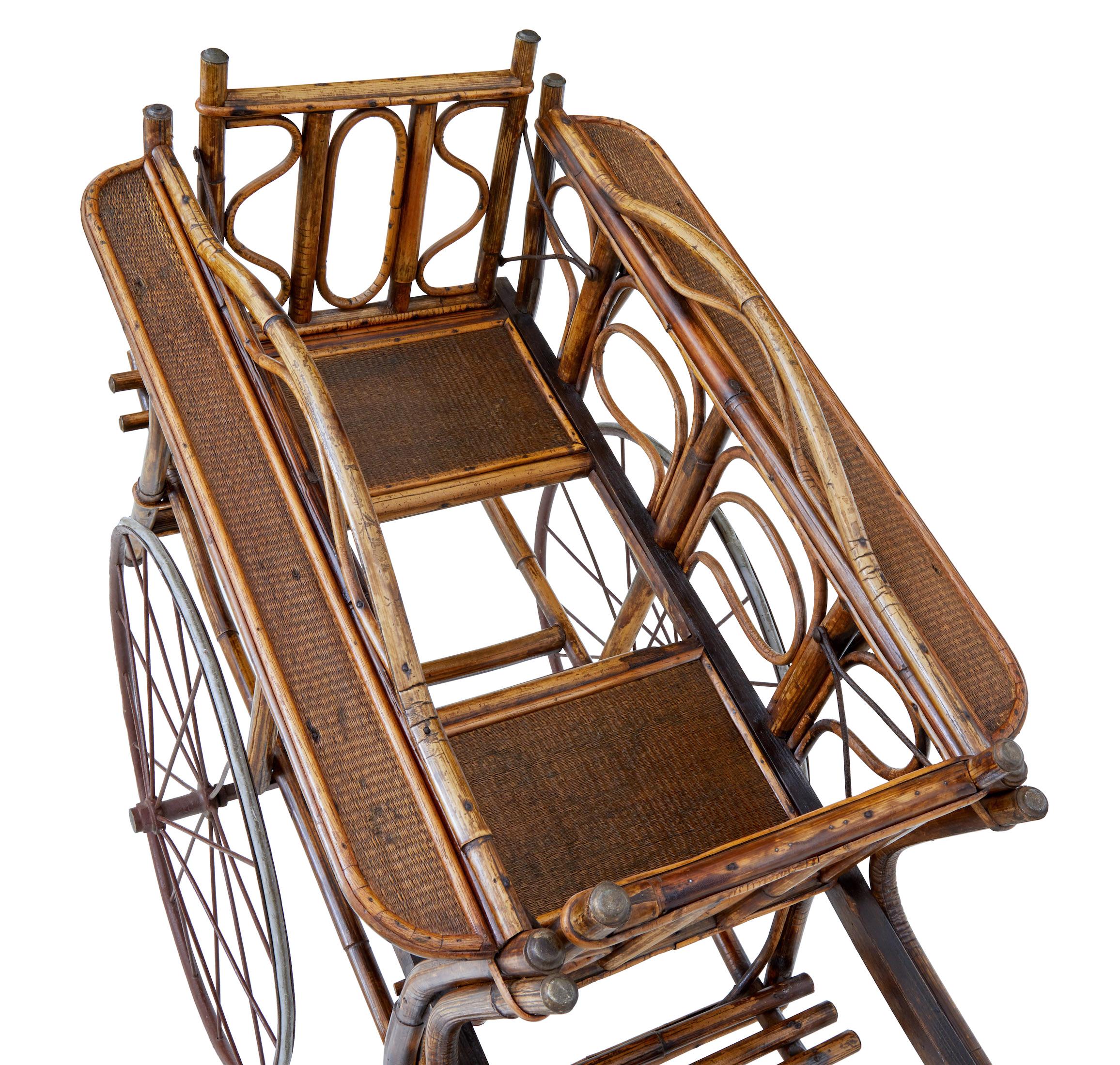 Hand-Crafted Early 20th century oriental bamboo 2 seat child carriage For Sale