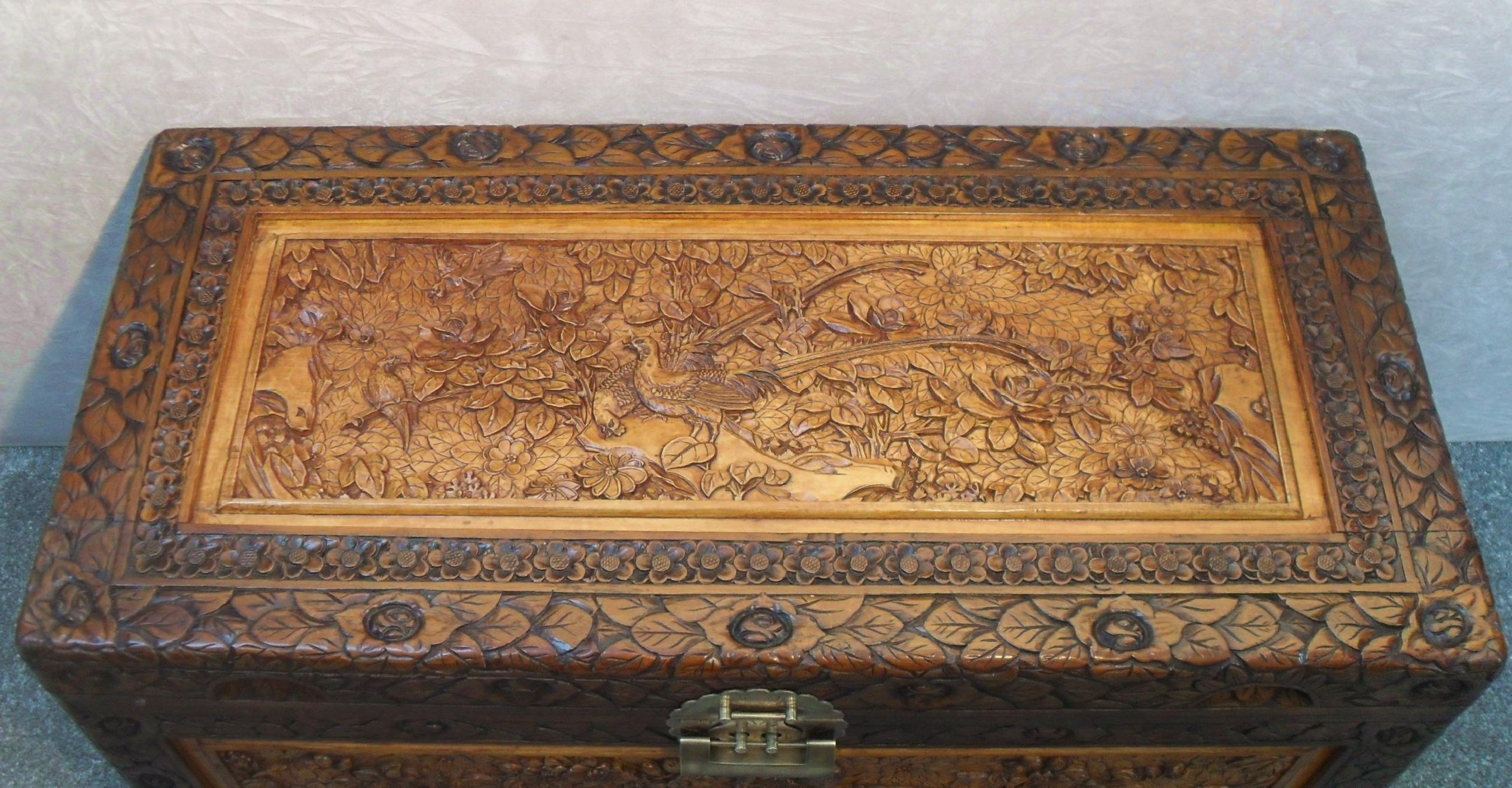Asian Early 20th Century Oriental Carved Camphor Wood Chest