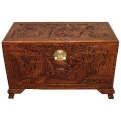 Antique Early 20th Century Oriental Carved Camphor Wood Chest