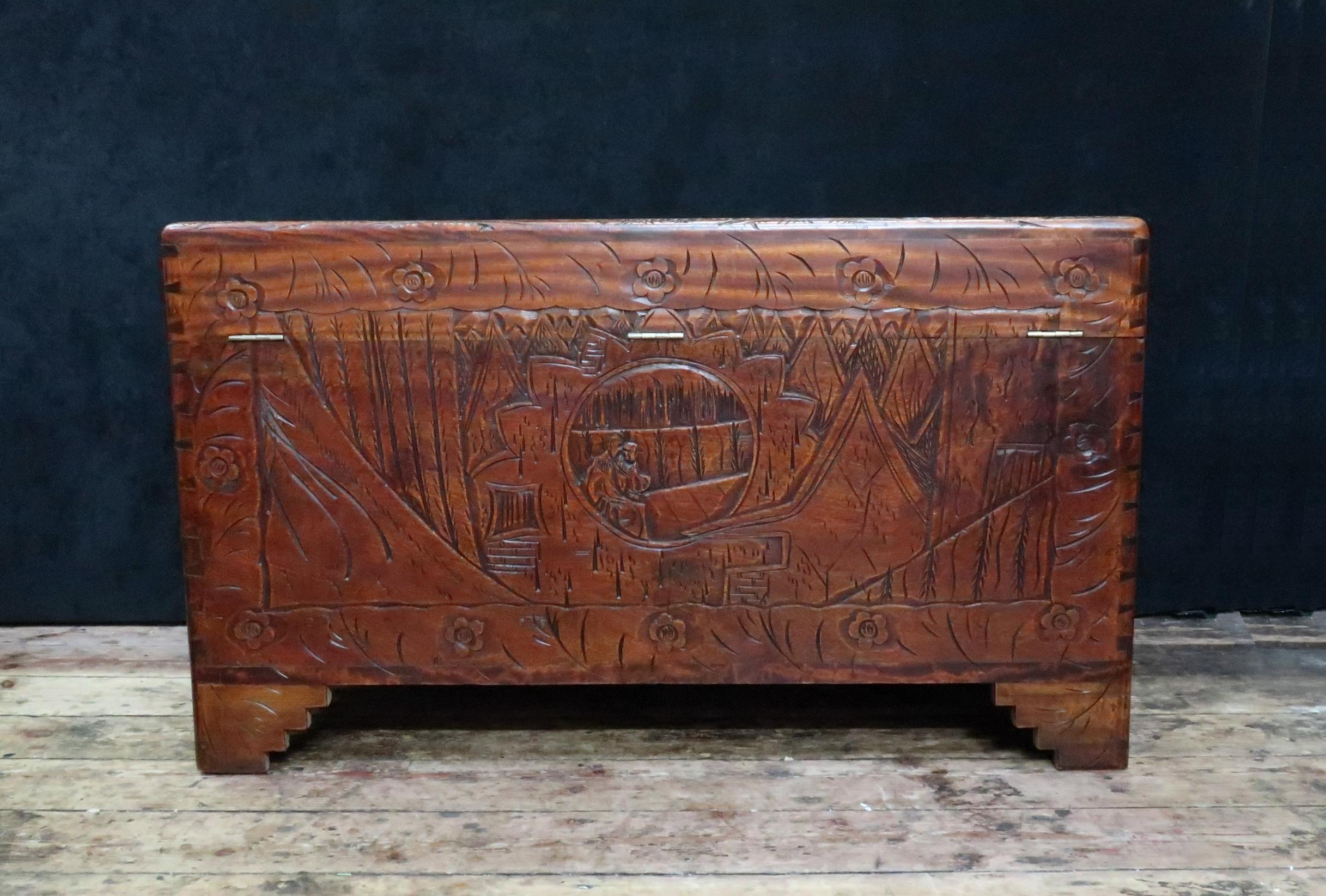 Early 20th Century Oriental Carved Camphor Wood Chest with the Eight Immortals 4