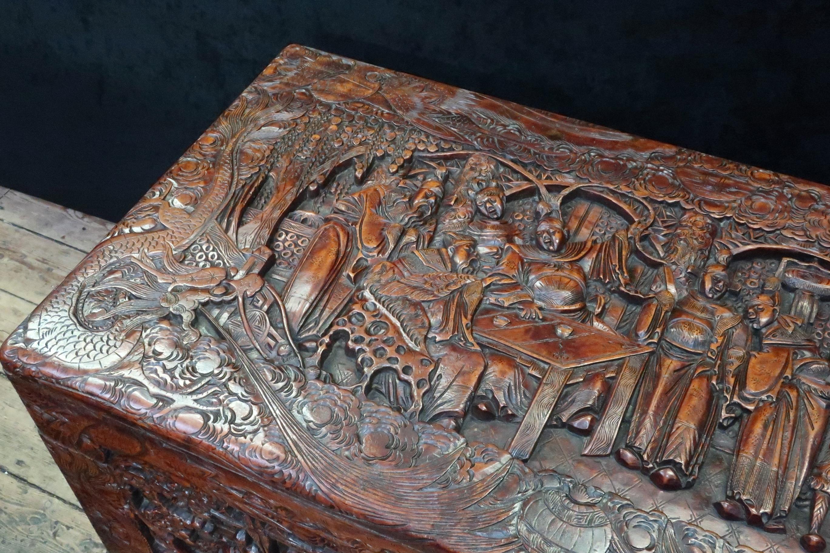 Chinese Export Early 20th Century Oriental Carved Camphor Wood Chest with the Eight Immortals