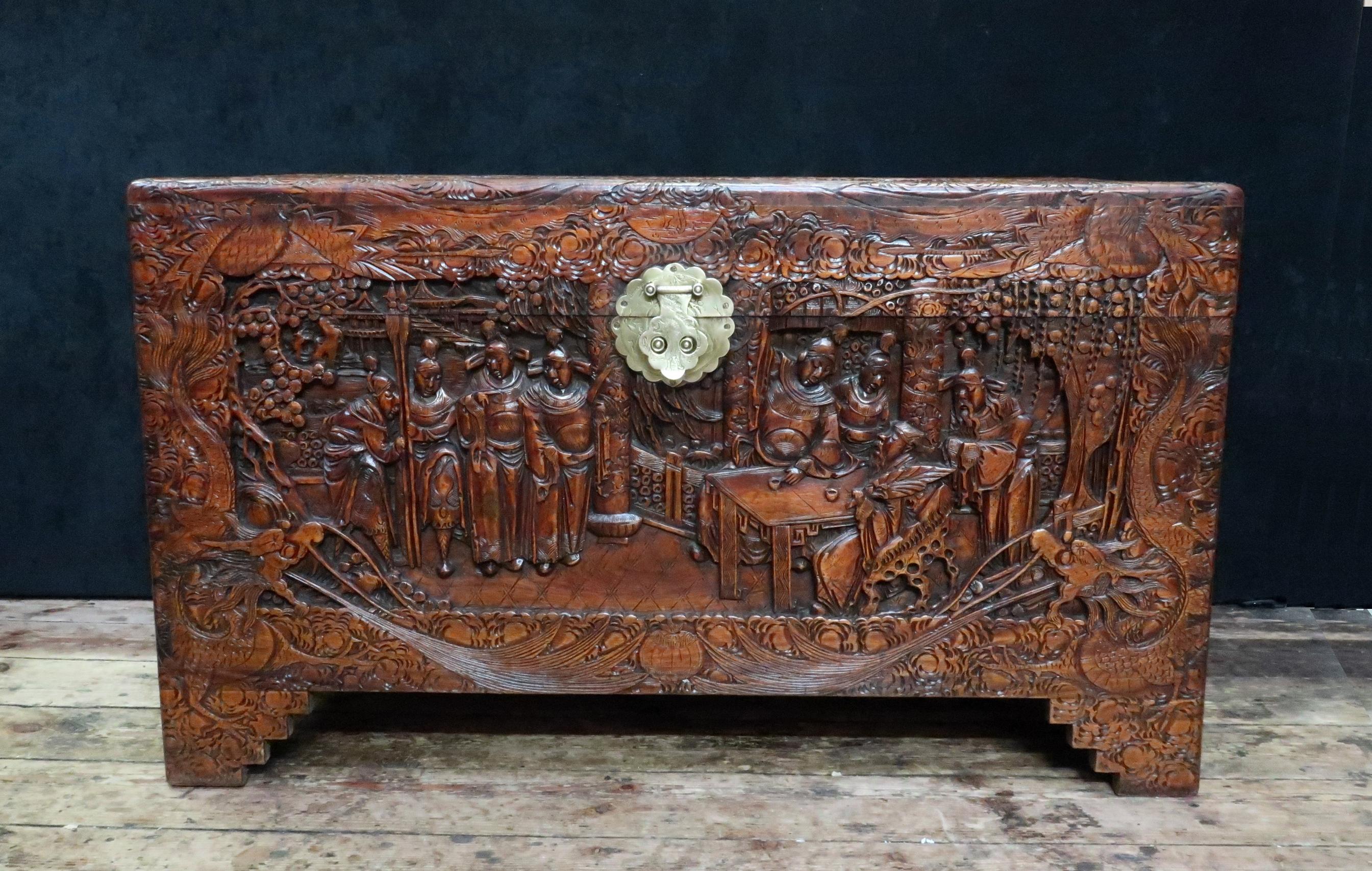 Other Early 20th Century Oriental Carved Camphor Wood Chest with the Eight Immortals