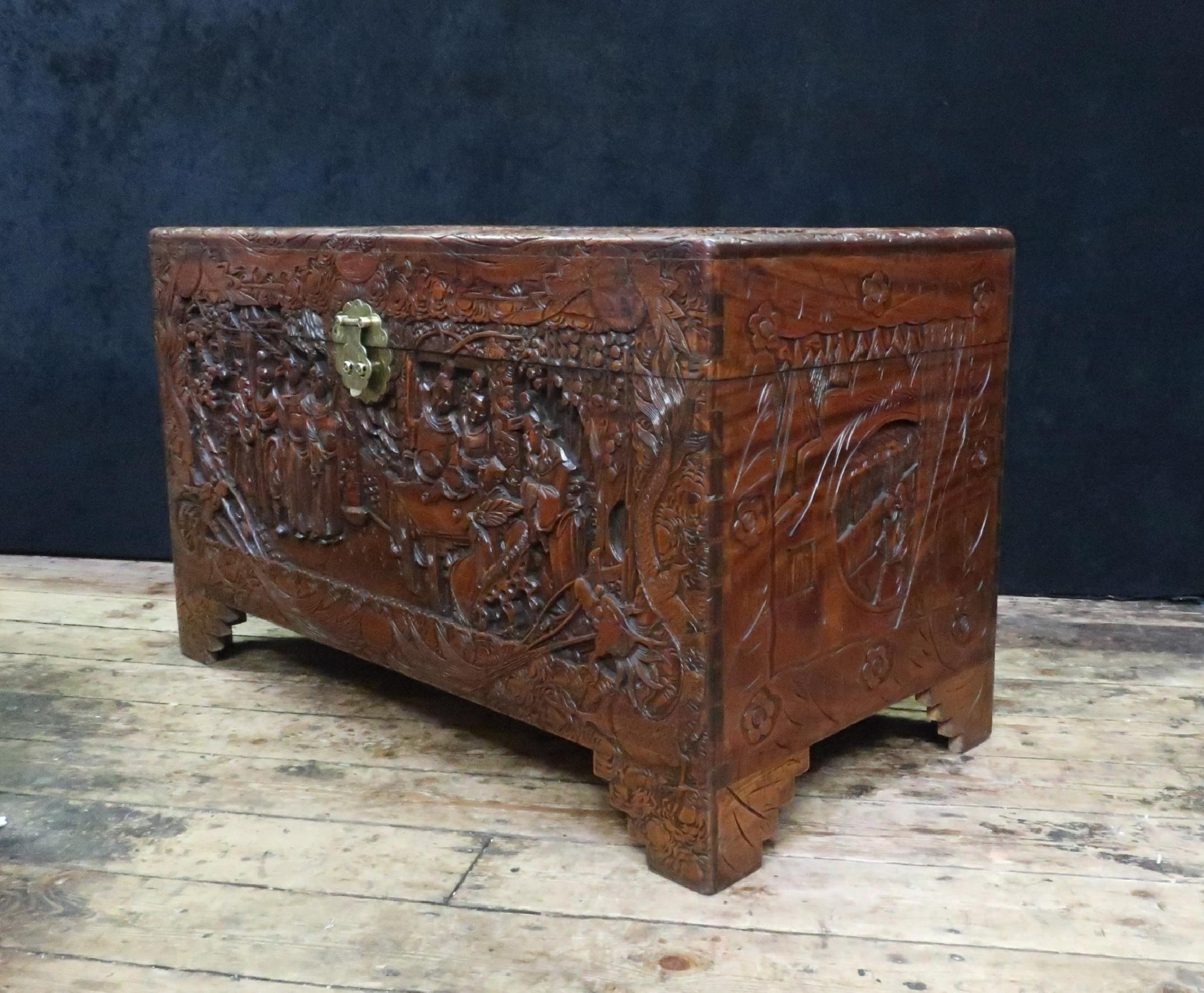Early 20th Century Oriental Carved Camphor Wood Chest with the Eight Immortals 1