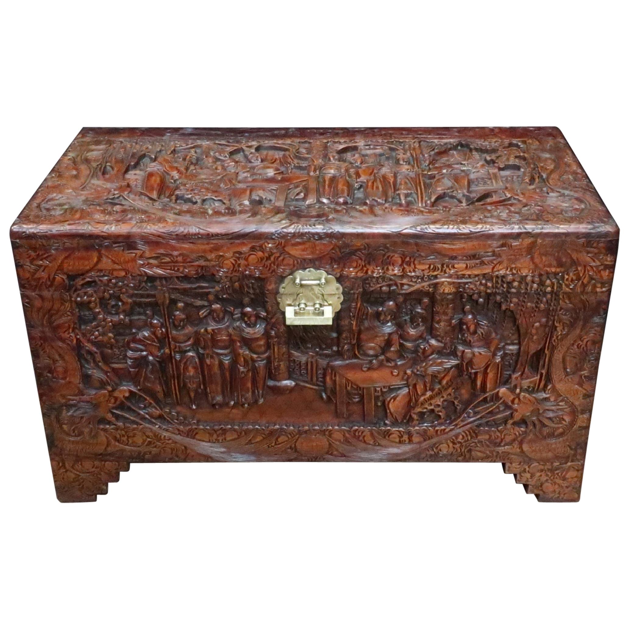 Early 20th Century Oriental Carved Camphor Wood Chest with the Eight Immortals