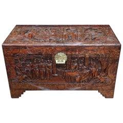 Antique Early 20th Century Oriental Carved Camphor Wood Chest with the Eight Immortals