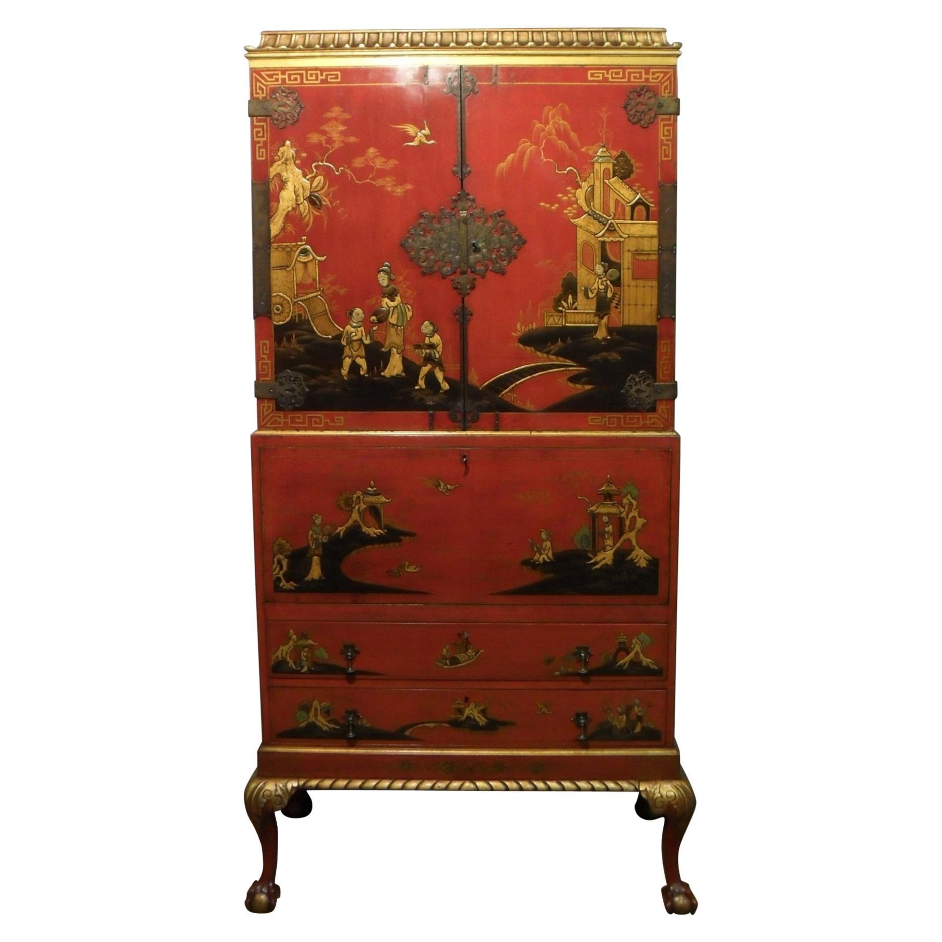Early 20th Century Oriental Chinoiserie Writing Cabinet on Stand