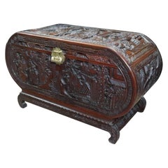 Early 20th Century Oriental Oval Shaped Camphor Wood and Teak Carved Chest