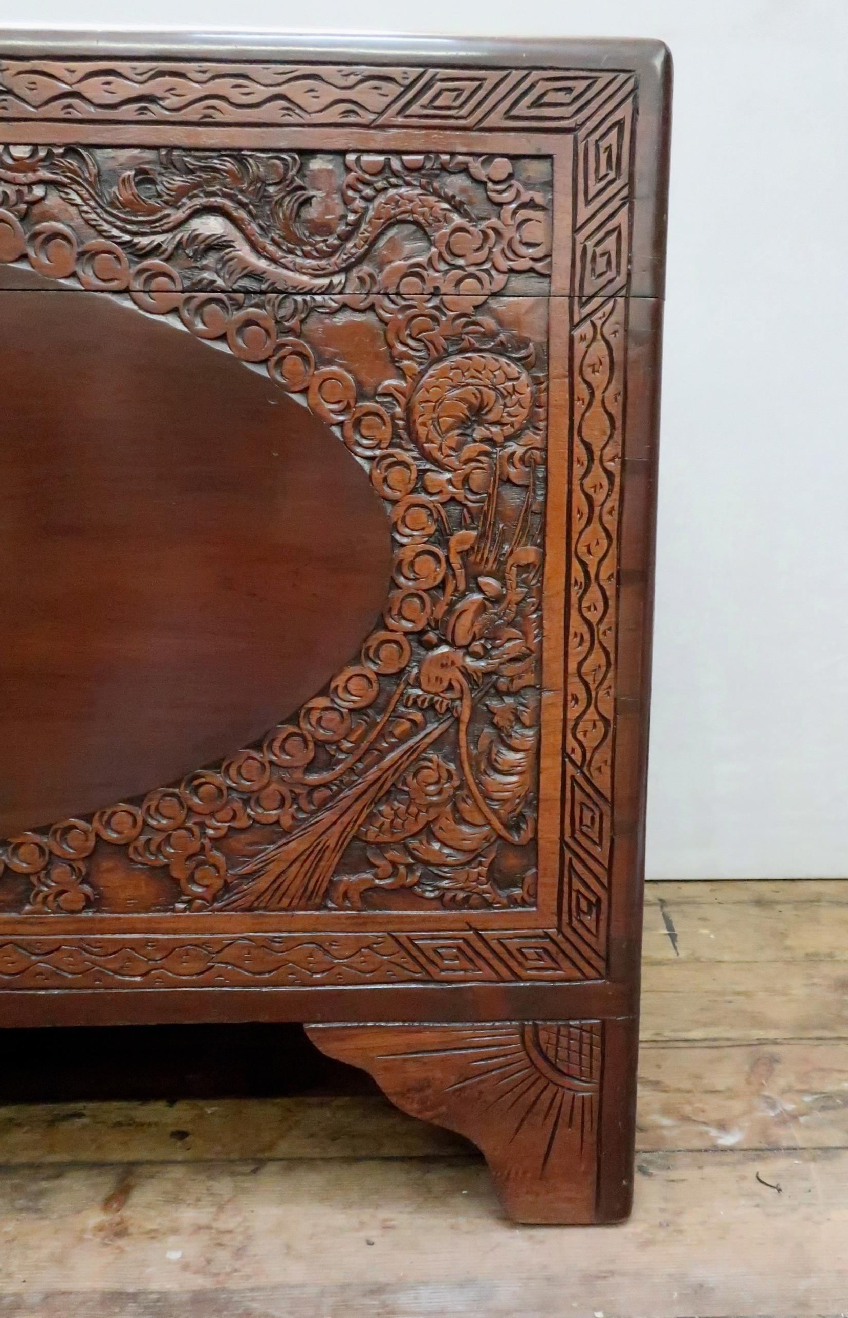 Hand-Carved Early 20th Century Oriental Teak and Camphor Wood Carved Chest