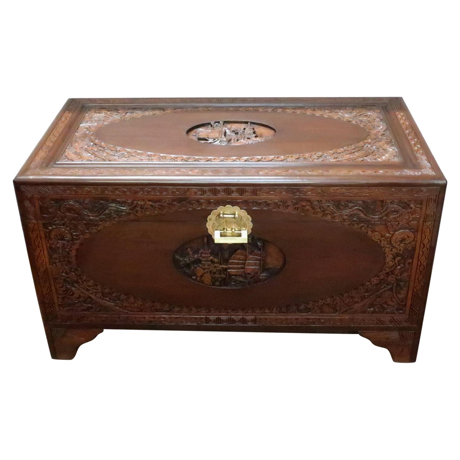 Early 20th Century Oriental Teak and Camphor Wood Carved Chest