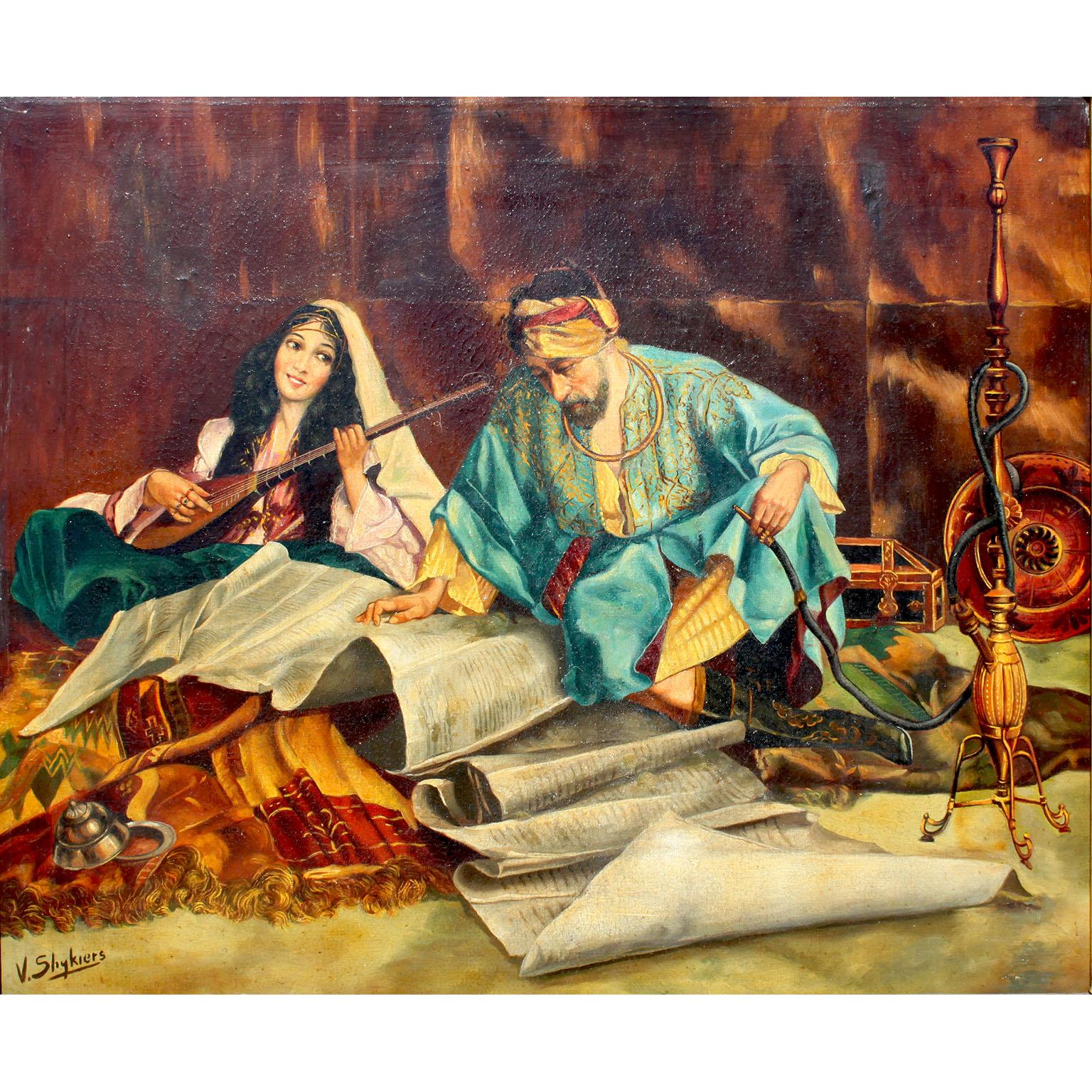 A Continental Early 20th Century Orientalist Oil on Canvas titled 'Le maître de céans et sa favorite' (The master of the house and his favorite), inspired by the original work of Antonio Fabres Y Costa (Spanish, 1854 - 1938). The painting portrays