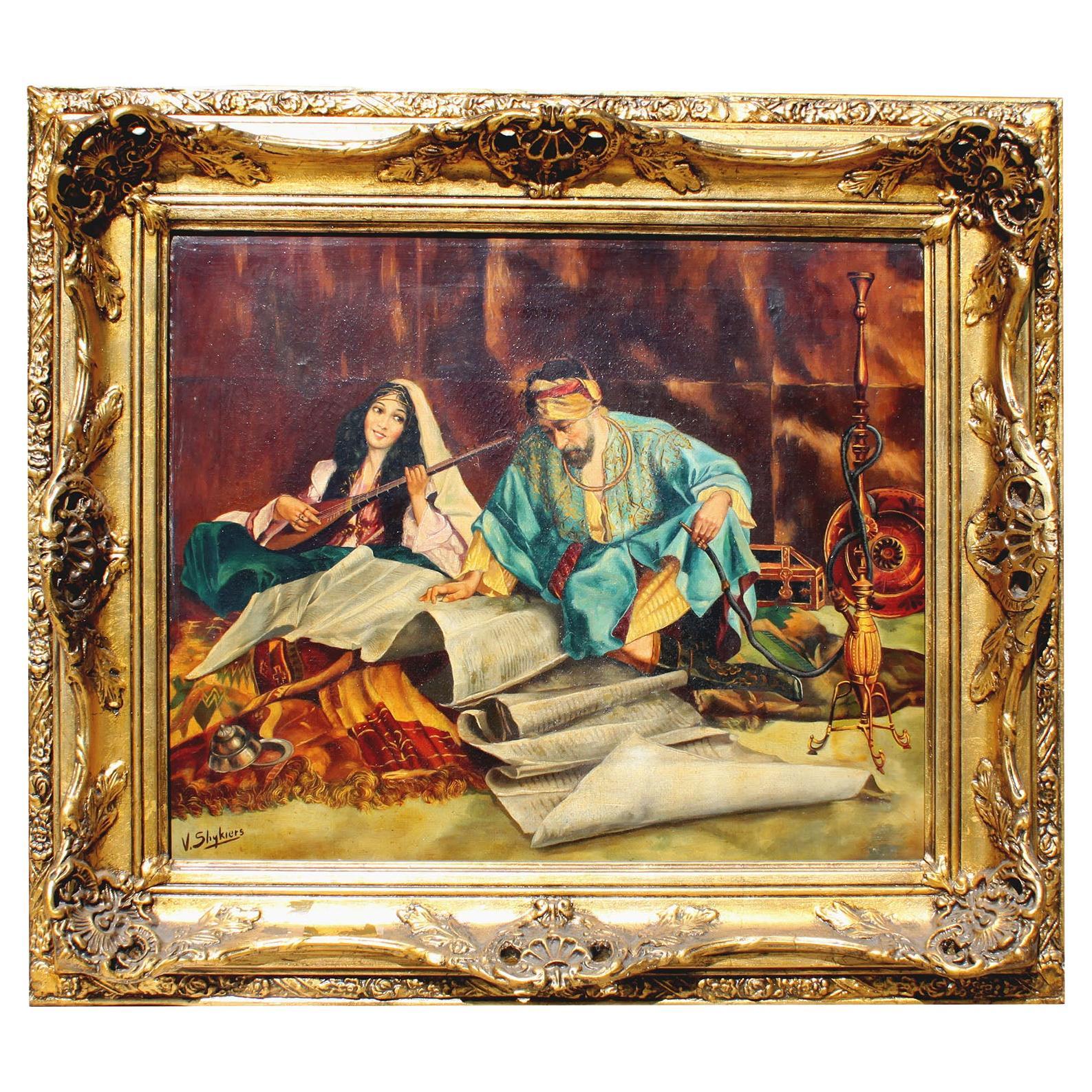 Huile sur toile orientaliste du début du 20e siècle intitulée « Le favori du maître » en vente