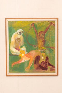 Dipinto su tela danese originale di scimmie dei primi del Novecento