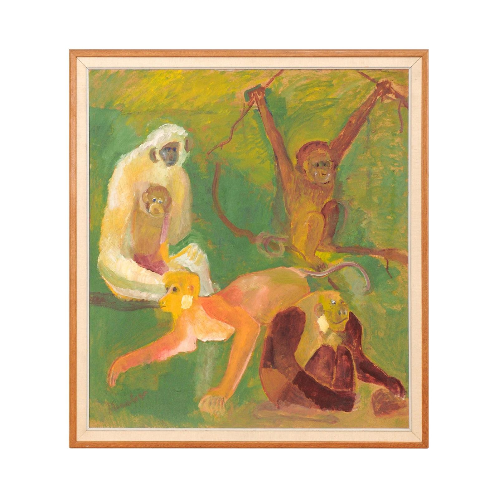 Peinture danoise originale sur toile à l'huile du début du 20e siècle représentant des singes en vente