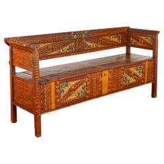 Early 20th Century Original Painted Folk Art Pine Bench with Storage, Hungary