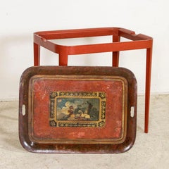 Early 20th Century Original Red Painted Tea Tray Side Table with Goats on Mounta