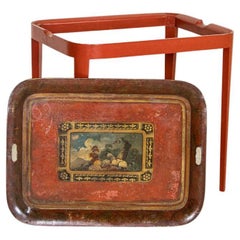 Antique Early 20th Century Original Red Painted Tea Tray Side Table with Goats on Mounta