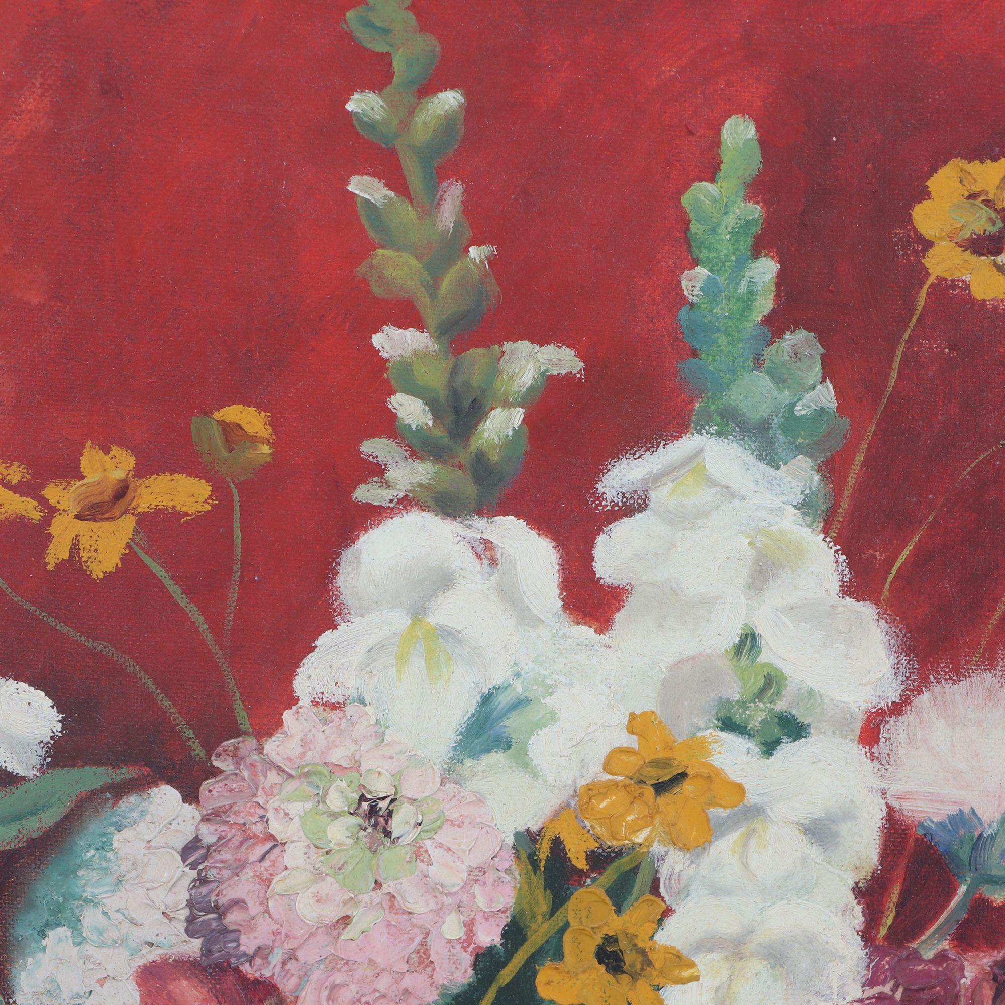 Original floral oil painting on board. Still life depicting a bouquet of pink, yellow and white flora in a yellow and green vase pitcher against a red background. Artist signature 