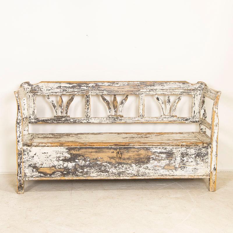 Early 20th Century Original White Painted Bench with Storage In Good Condition In Round Top, TX