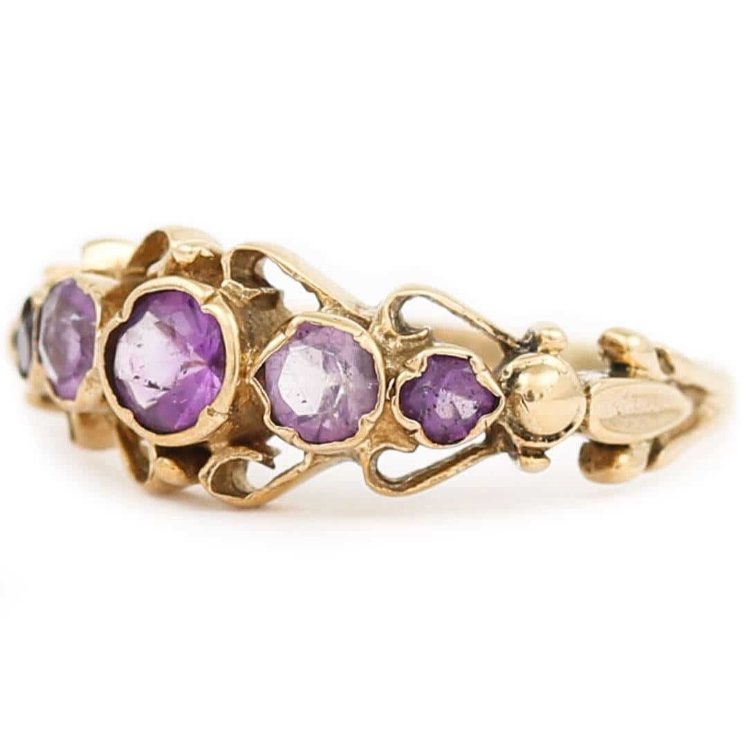 Edwardian Early 20th Century Ornate Amethyst Five Stone Ring