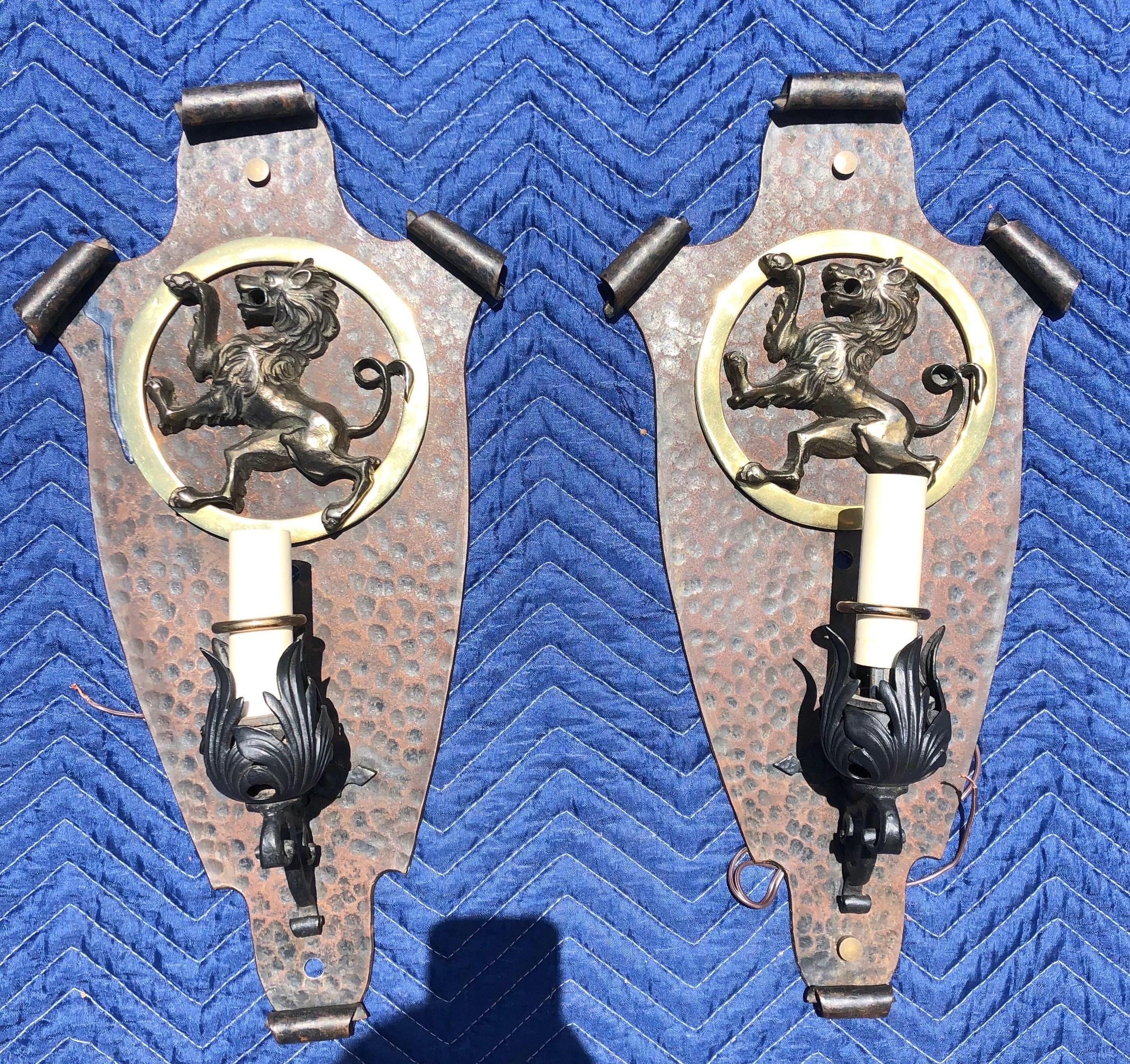 Early 20th Century Oscar Bach Style Iron and Brass Sconces, 4 Pairs Available In Good Condition For Sale In Charleston, SC