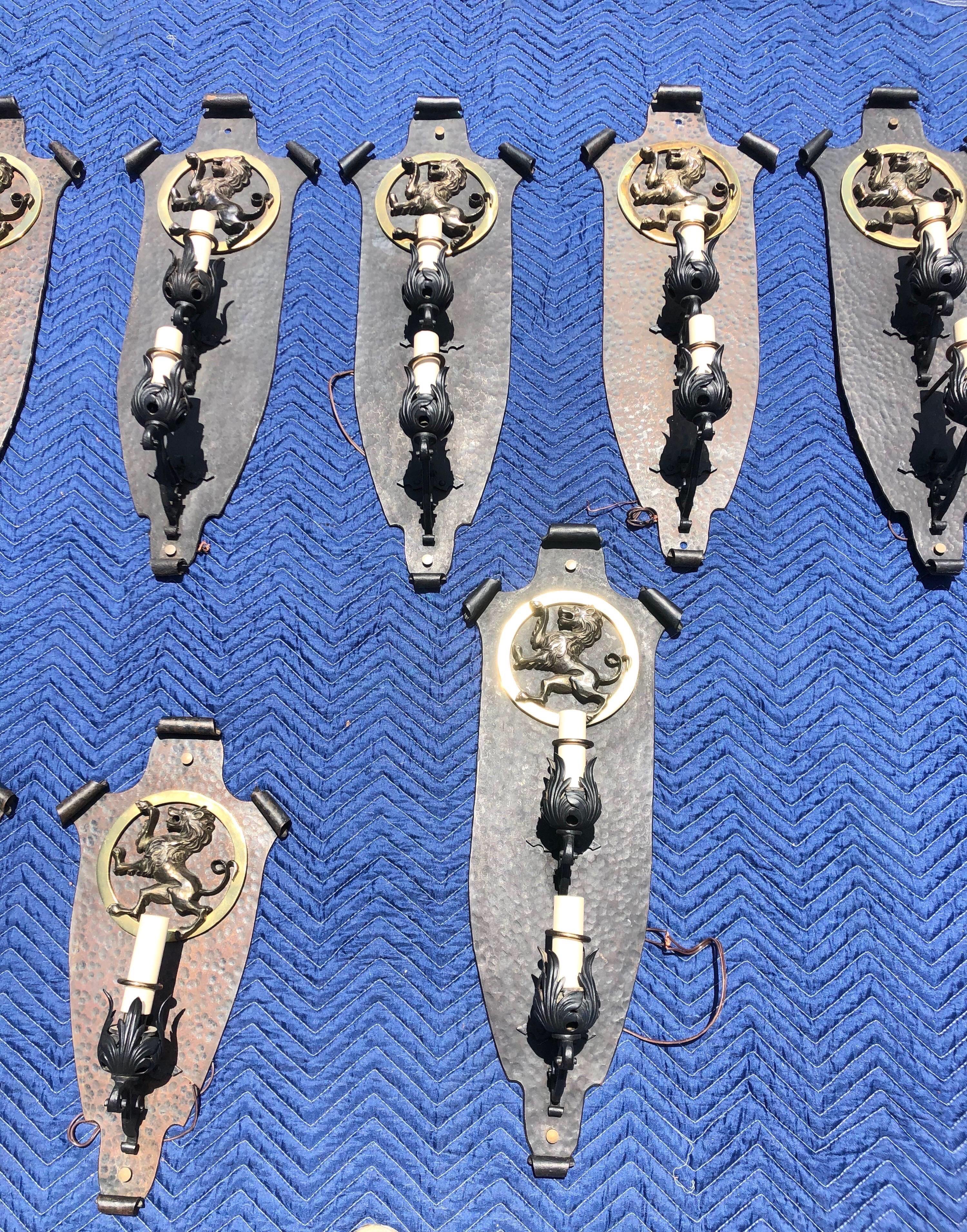 Early 20th Century Oscar Bach Style Iron and Brass Sconces, 4 Pairs Available For Sale 2