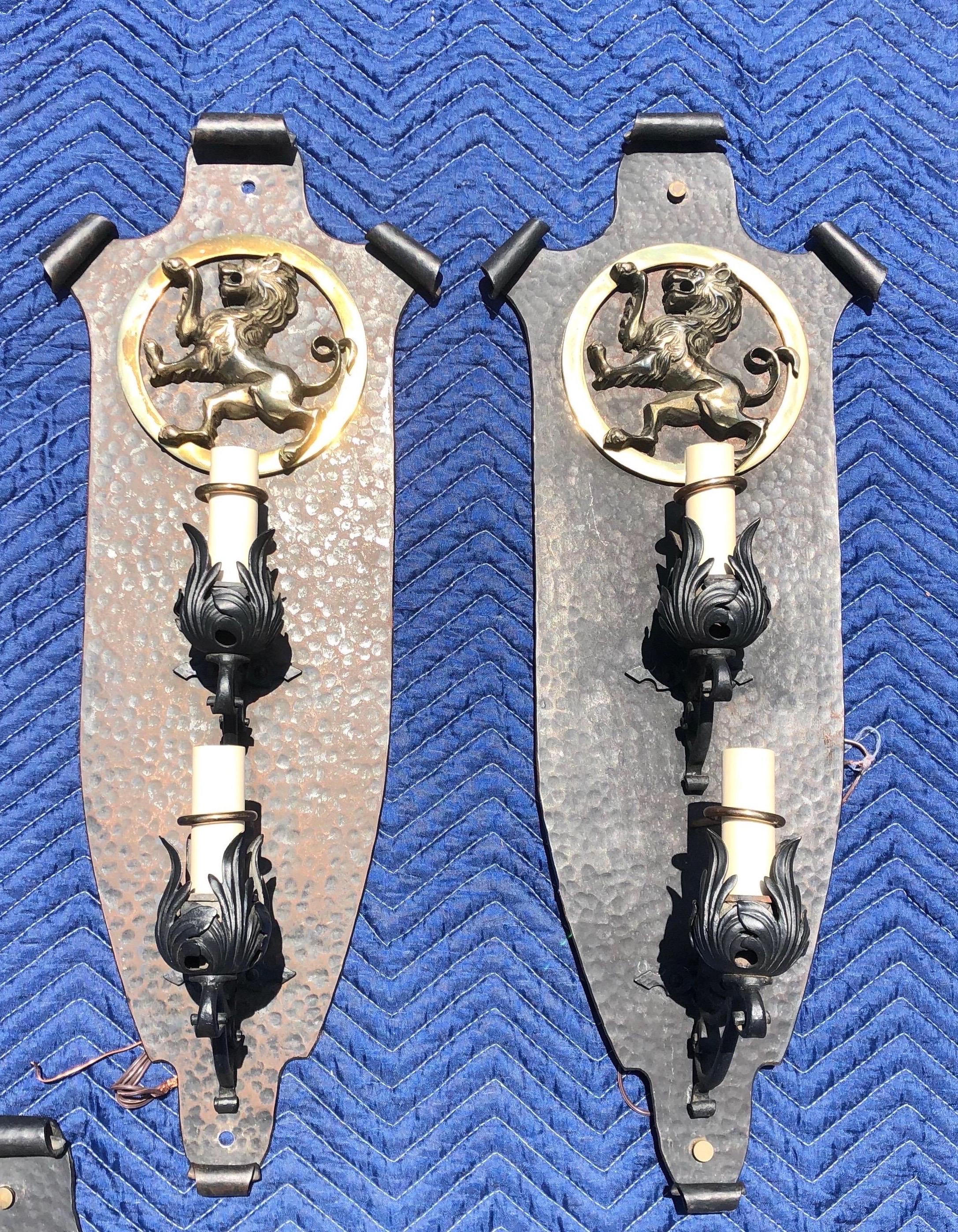 Early 20th Century Oscar Bach Style Iron and Brass Sconces, 4 Pairs Available For Sale 3