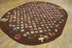1920s Brown Squares Folk Art Wool American Hooked Rug 7'8"x10'6" Knotted Carpet