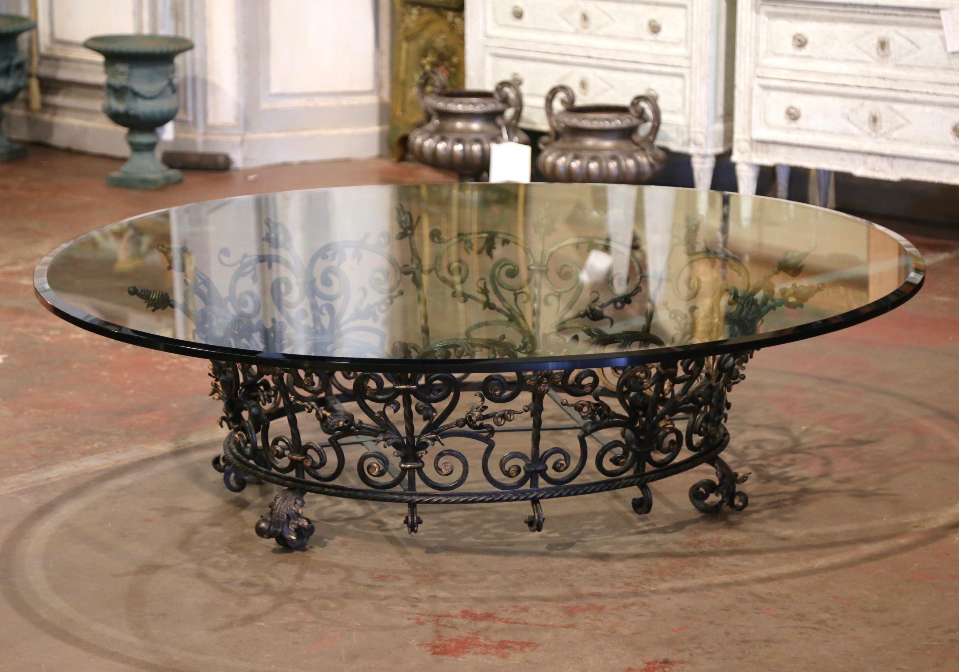 Early 20th Century Oval French Forged Wrought Iron Coffee Table with Glass Top In Excellent Condition In Dallas, TX