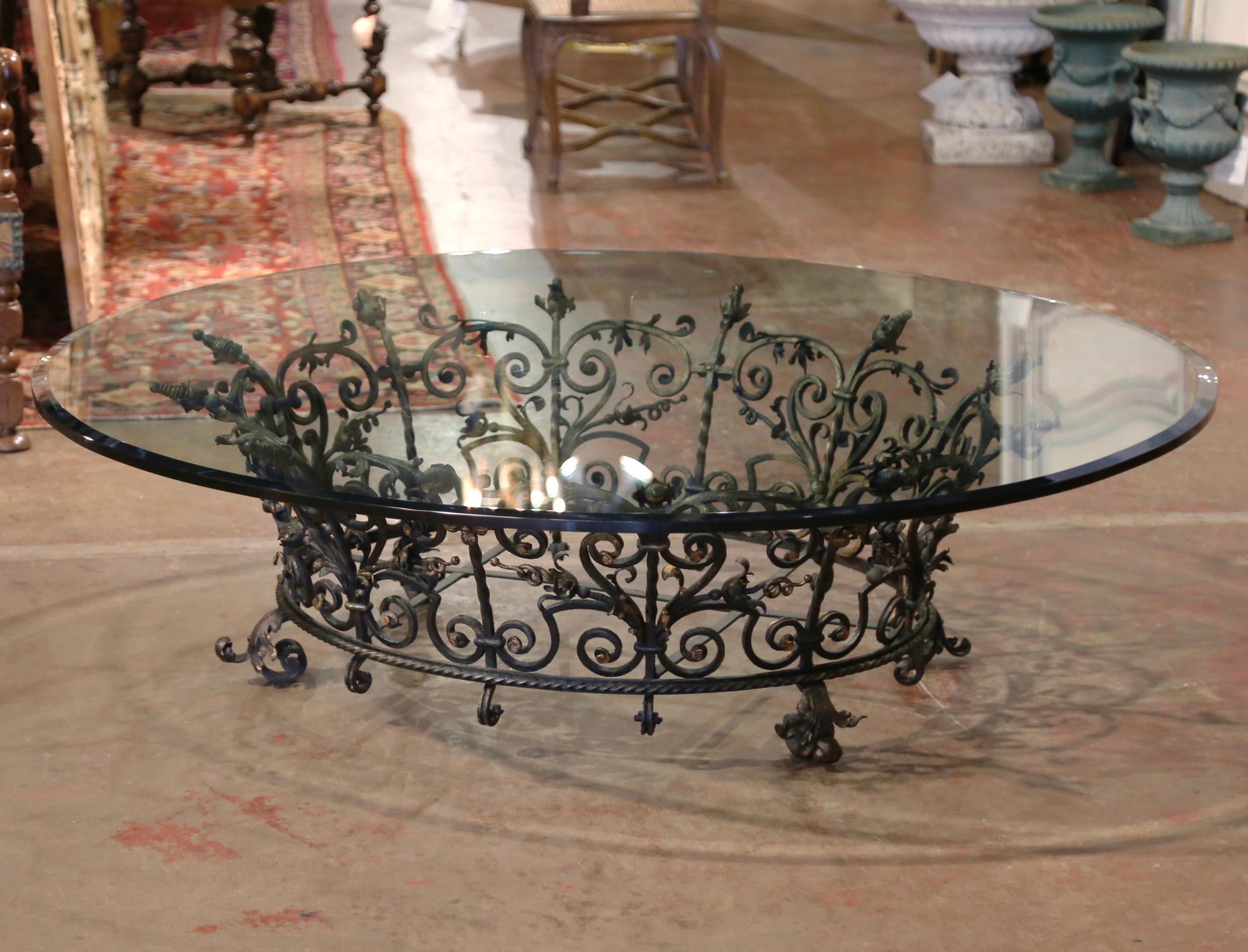 Early 20th Century Oval French Forged Wrought Iron Coffee Table with Glass Top 1