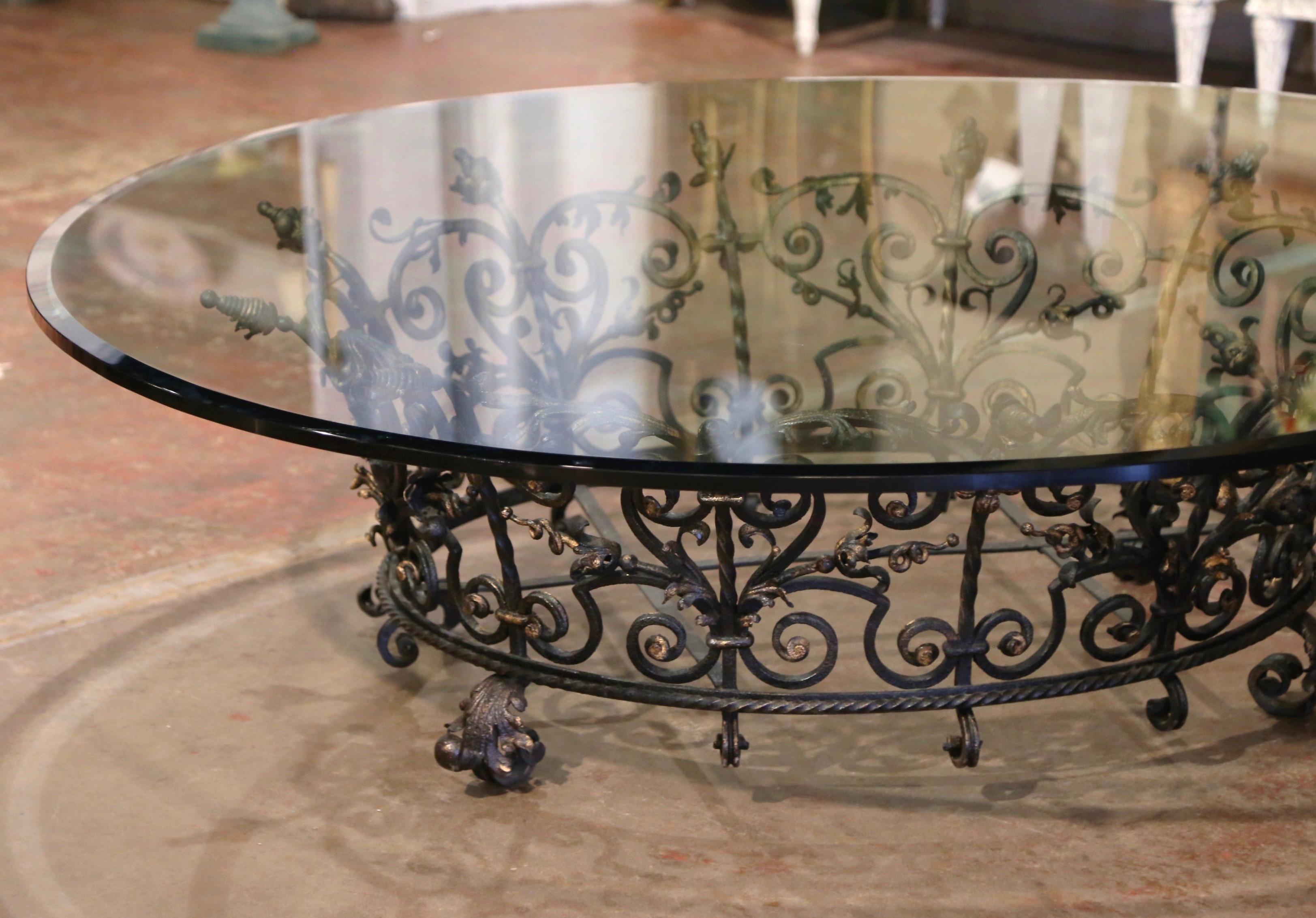 Early 20th Century Oval French Forged Wrought Iron Coffee Table with Glass Top 3