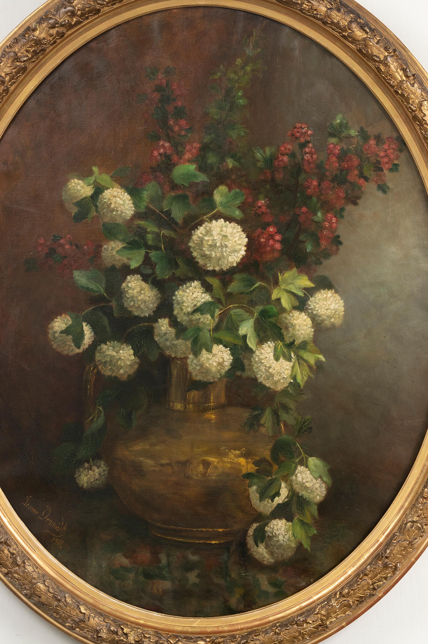 Belle Époque Early 20th Century Oval Oil Painting Flower Still Life by Jeanne Desmidt
