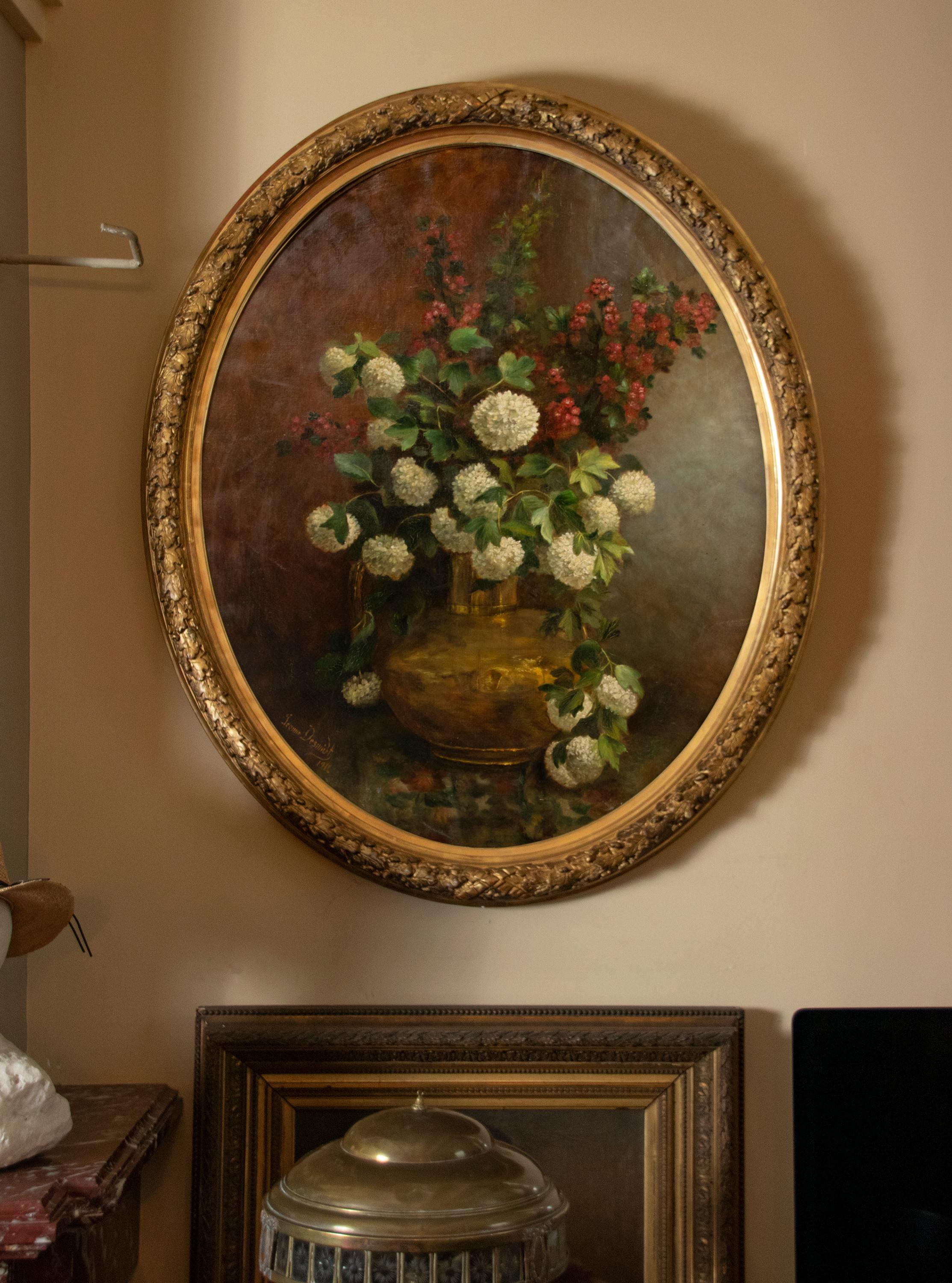 Belgian Early 20th Century Oval Oil Painting Flower Still Life by Jeanne Desmidt