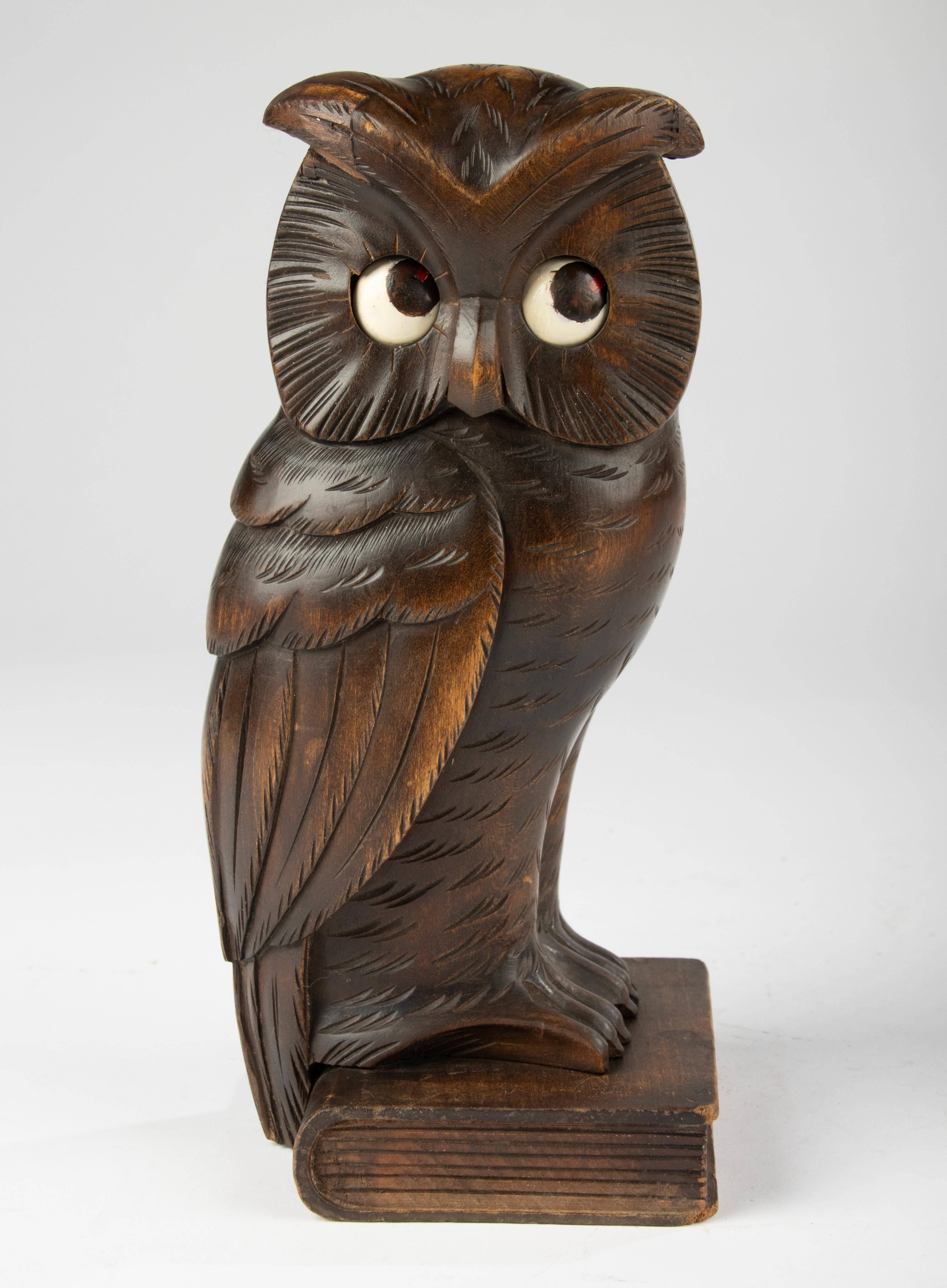 German Early 20th Century Owl Clock – Black Forest – Carved Wood – Rolling Eyes For Sale