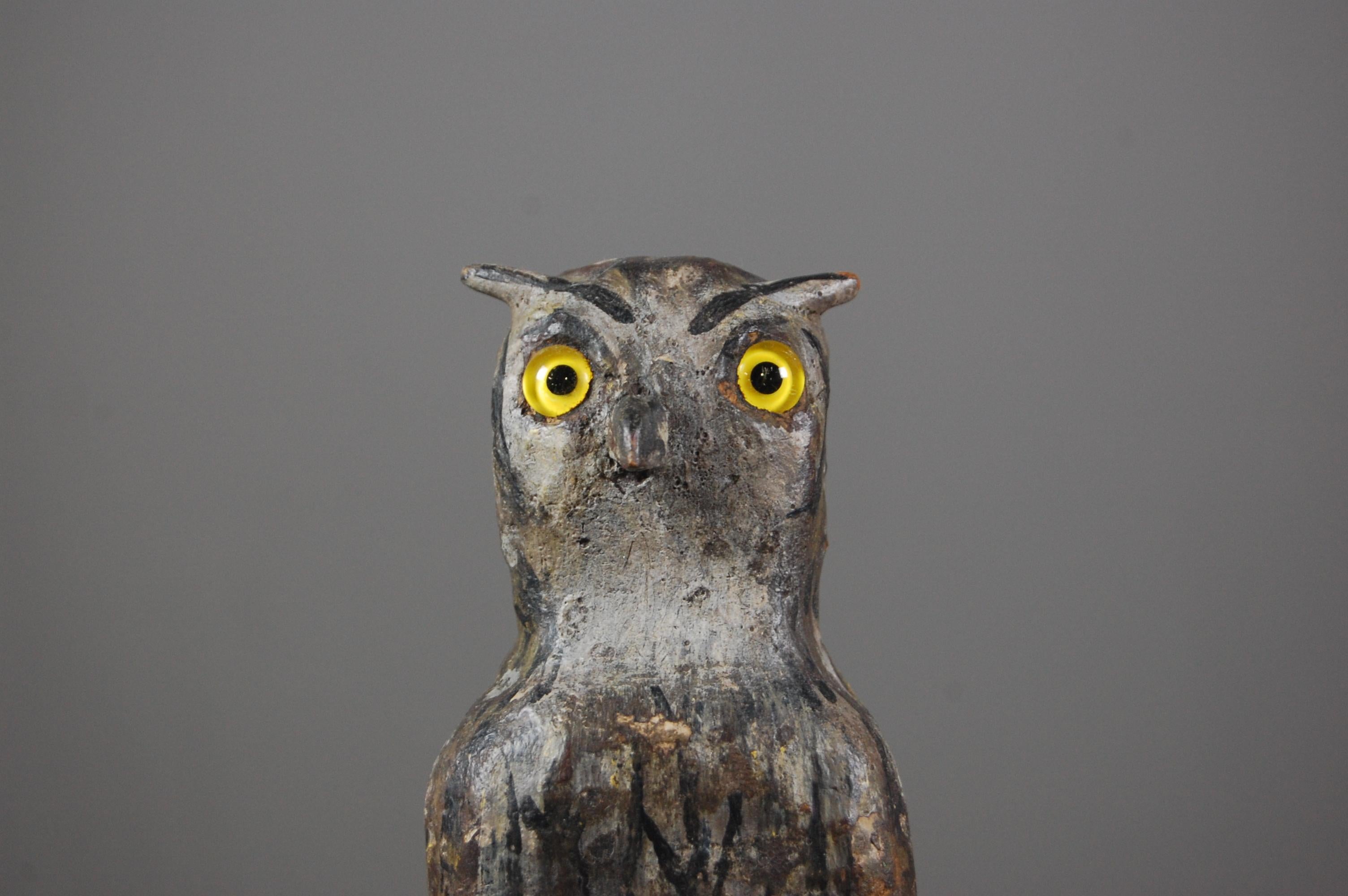Engaging early 20th century owl decoy. Painted cork and wood. France circa 1930.