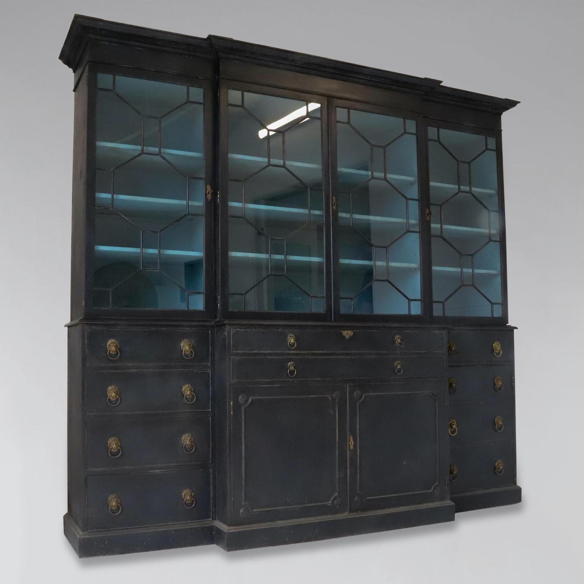 Early 20th Century Painted 4 Door Secretaire Breakfront Library Bookcase For Sale 10