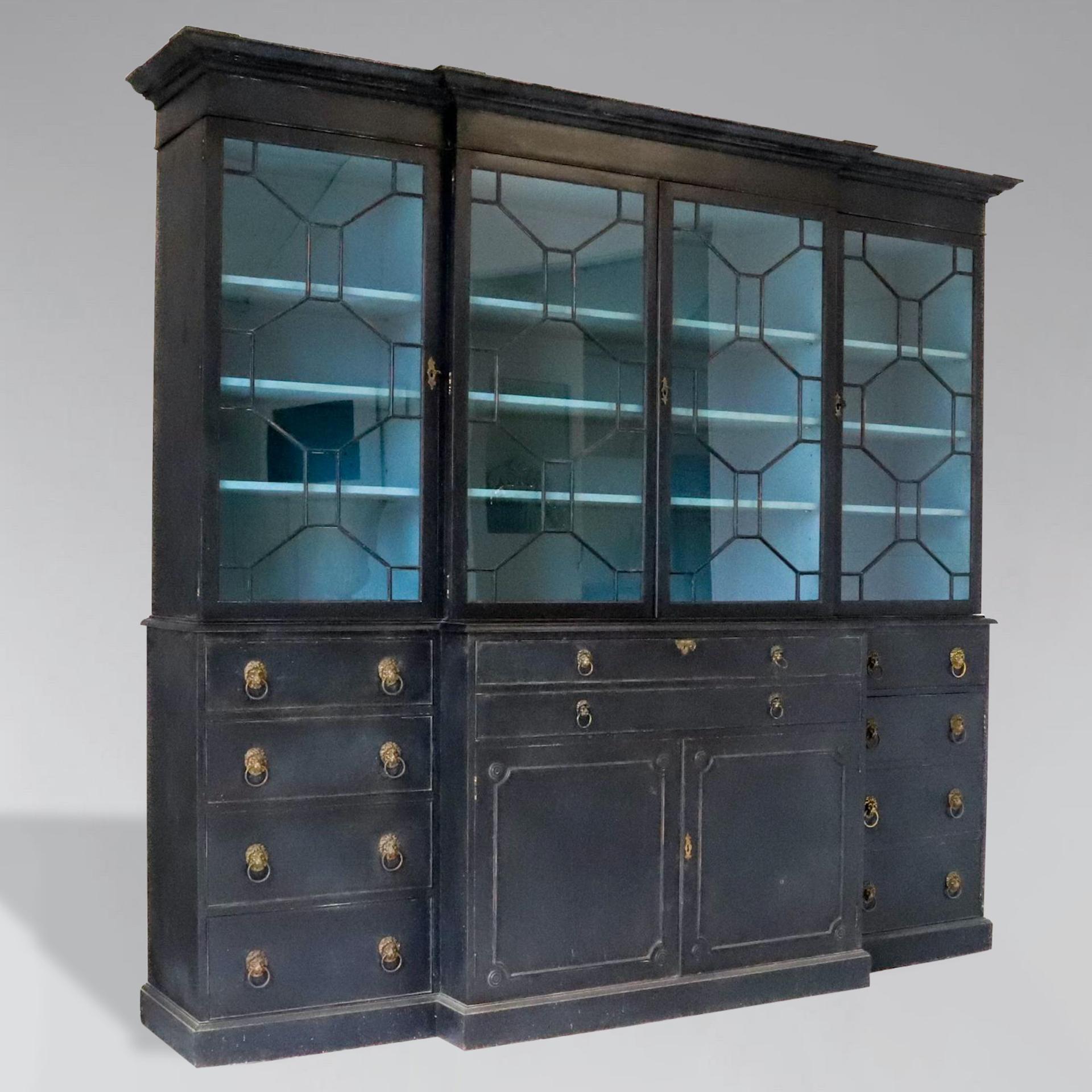 Early 20th Century Painted 4 Door Secretaire Breakfront Library Bookcase For Sale 11