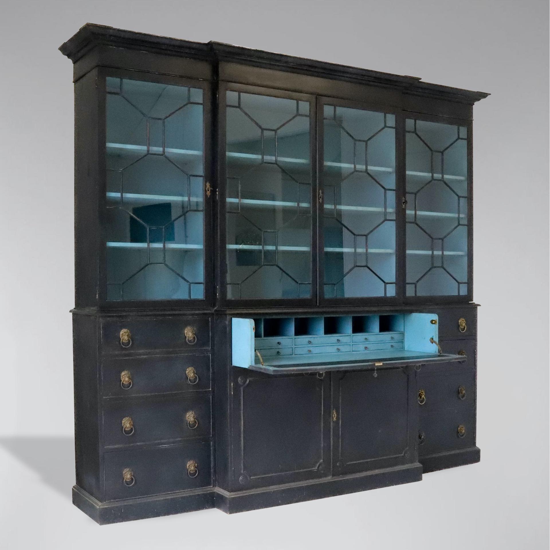Decorative Early 20th-Century Painted Mahogany 4-Door Secretaire Breakfront Library Bookcase

Introducing a stunning early 20th-century painted mahogany 4-door secretaire breakfront library bookcase, a perfect blend of functionality and decorative