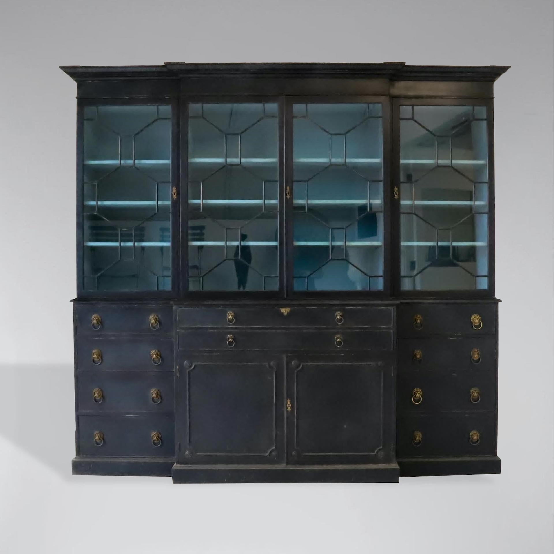 George III Early 20th Century Painted 4 Door Secretaire Breakfront Library Bookcase For Sale