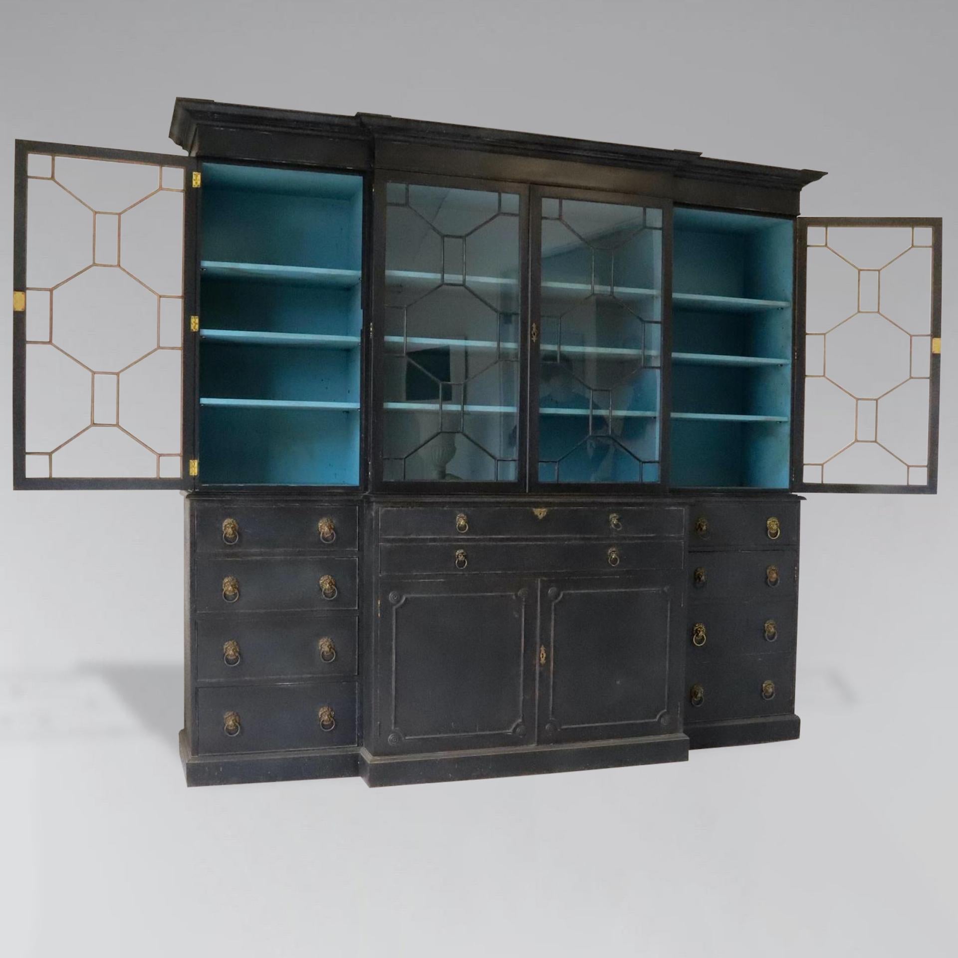 British Early 20th Century Painted 4 Door Secretaire Breakfront Library Bookcase For Sale