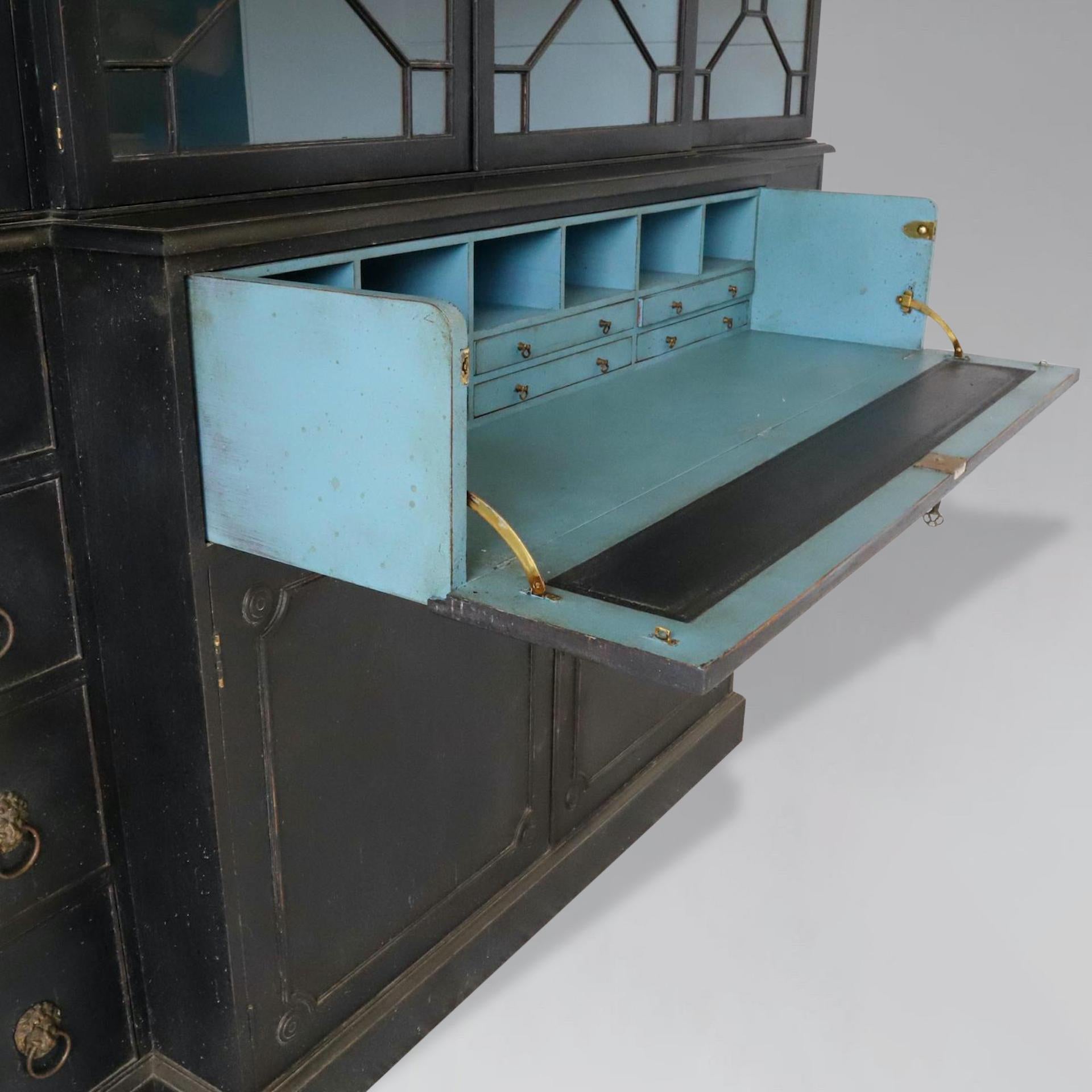 Hand-Painted Early 20th Century Painted 4 Door Secretaire Breakfront Library Bookcase For Sale