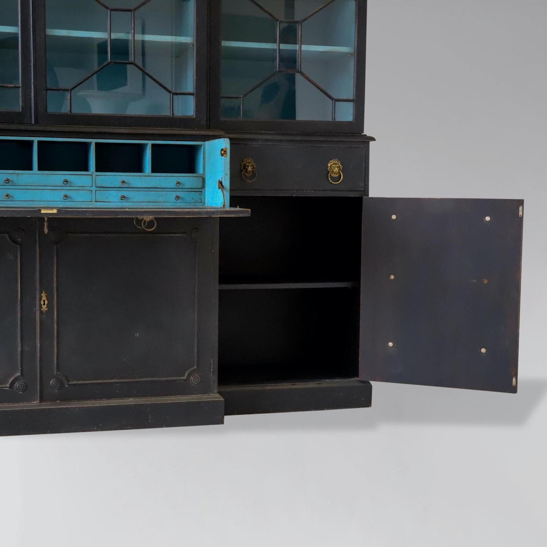 Wood Early 20th Century Painted 4 Door Secretaire Breakfront Library Bookcase For Sale