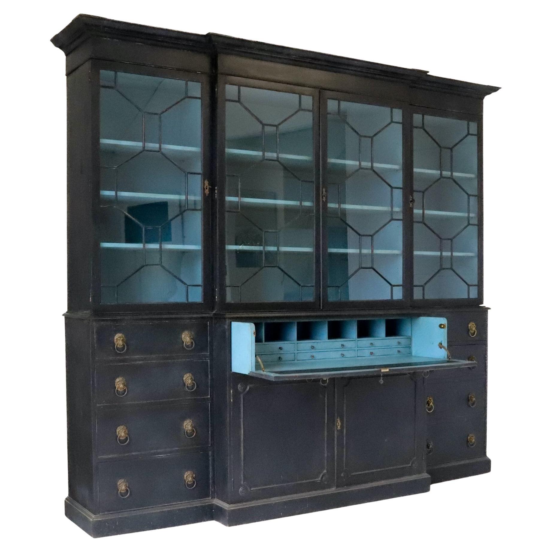 Early 20th Century Painted 4 Door Secretaire Breakfront Library Bookcase For Sale