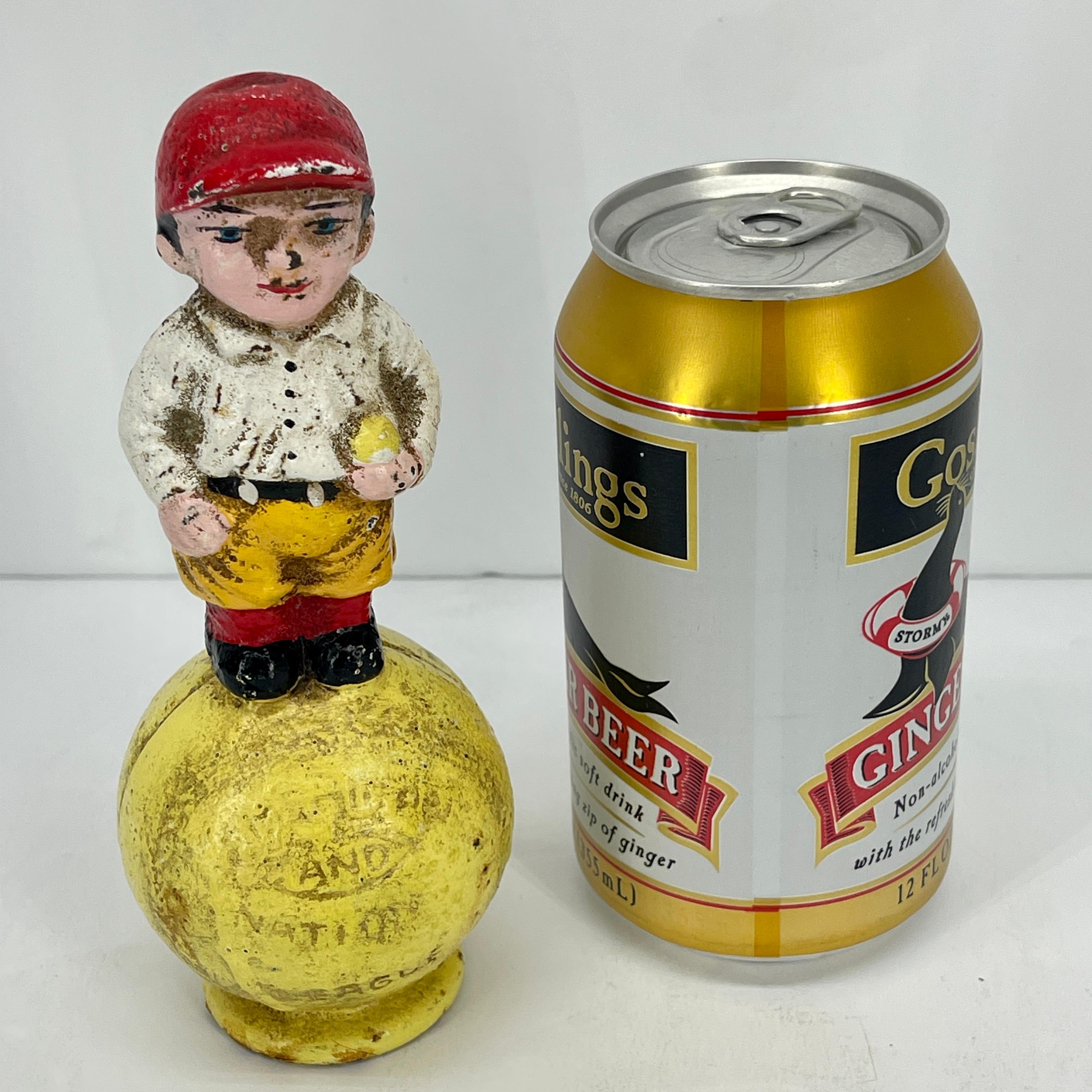 Folk Art Early 20th Century Painted Cast Iron Baseball Boy Money Bank