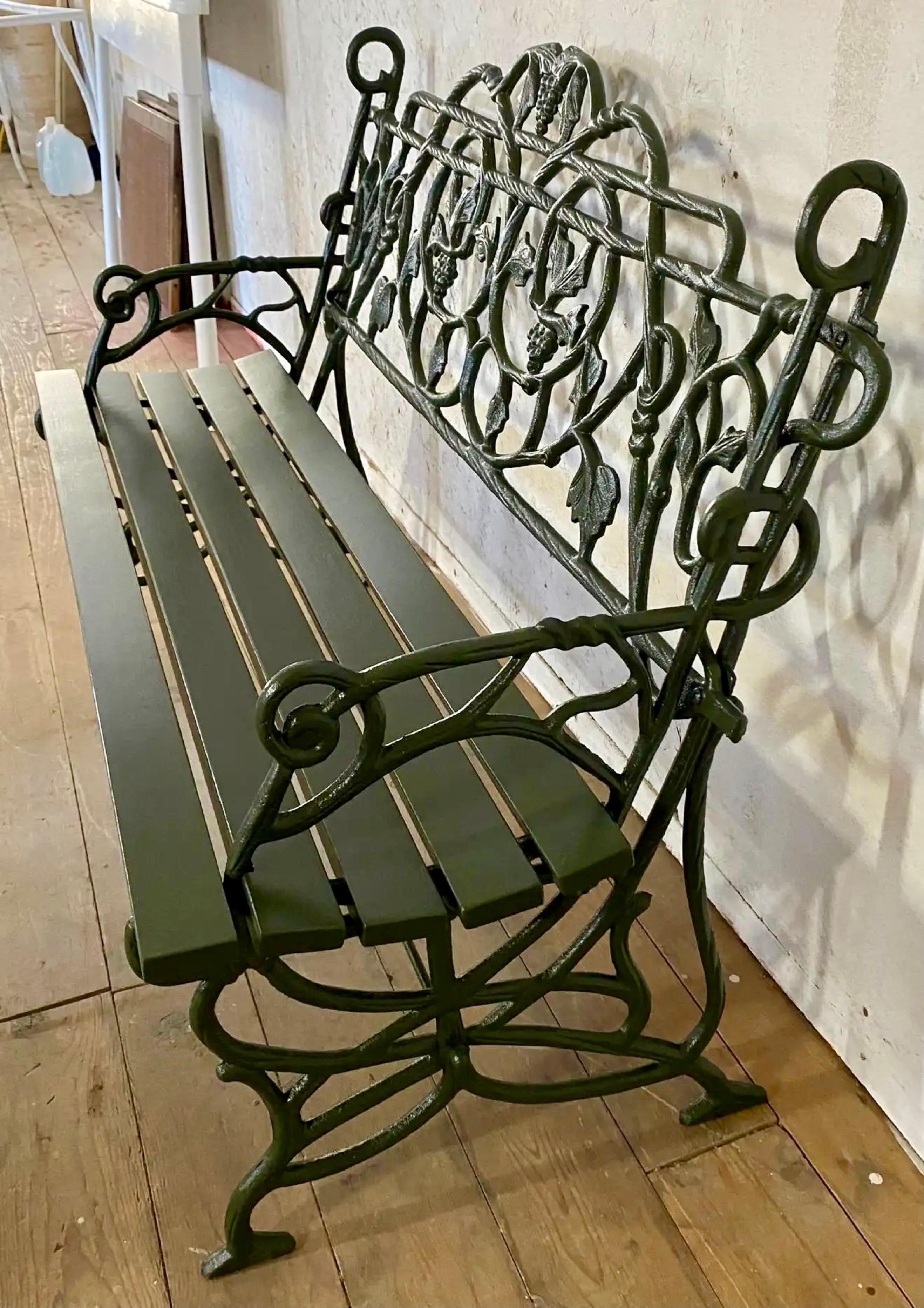 American Early 20th Century Painted Cast Iron Garden Bench with Vine Motif