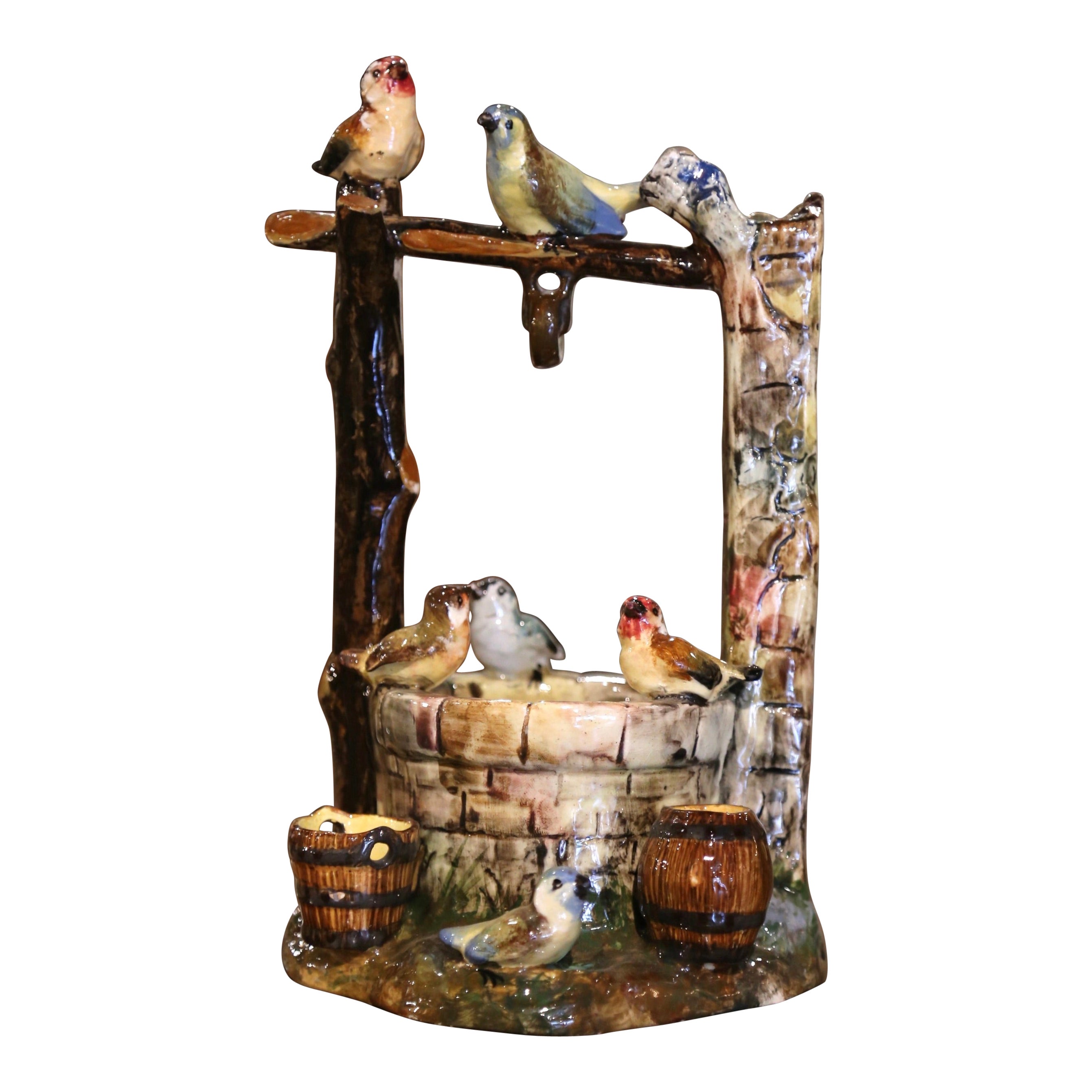 Early 20th Century Painted Ceramic Barbotine Well Sculpture with Bird Motifs
